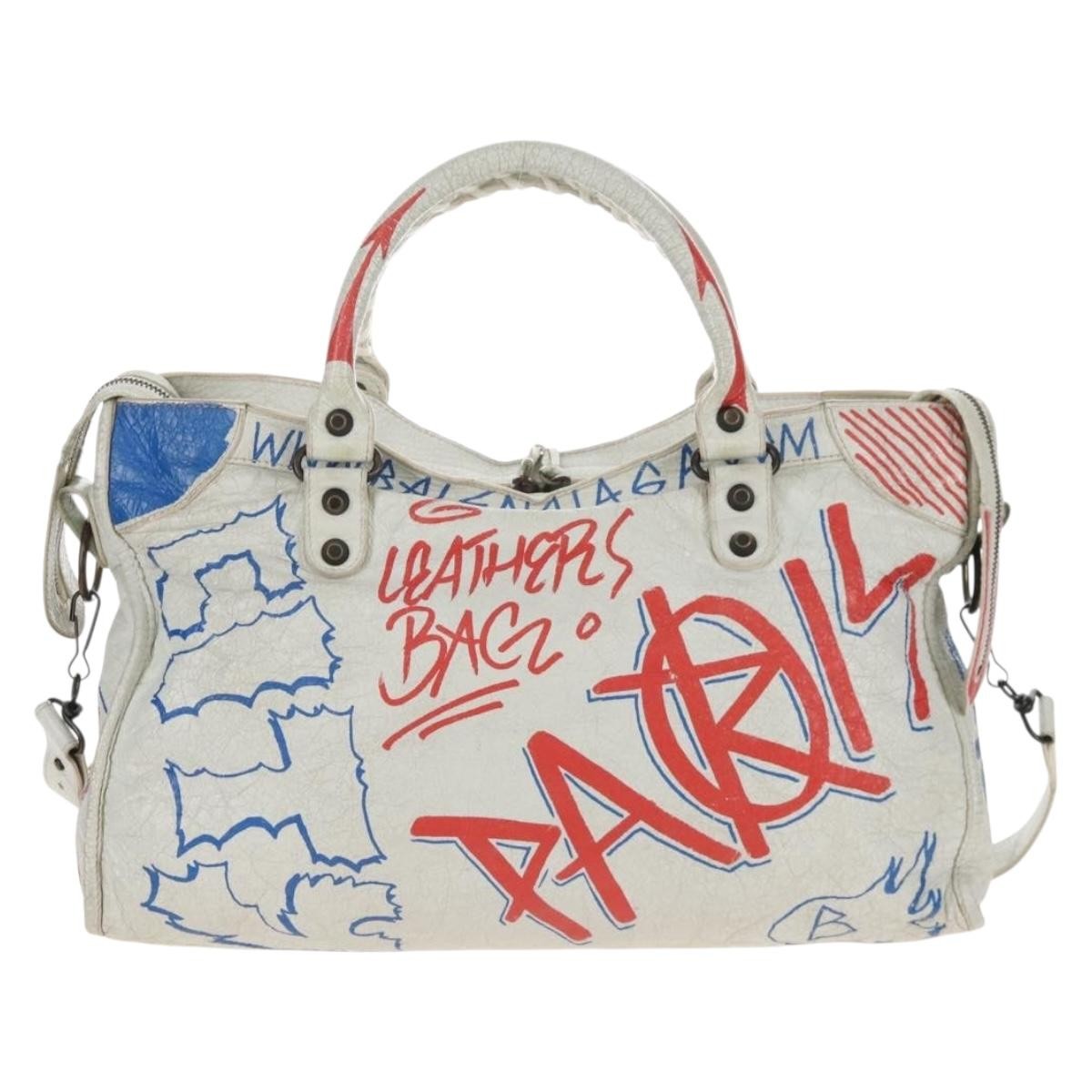Balenciaga City Graffiti Classic Studs Leather White Leather Handbag (Pre-Owned)