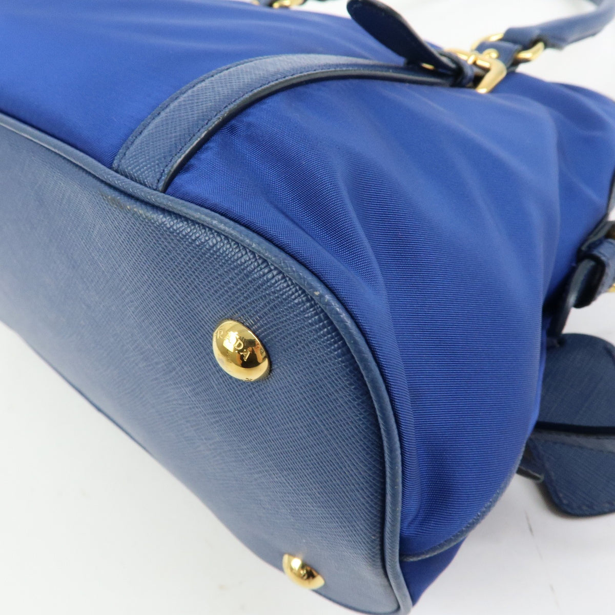 Prada Convertible Dome Satchel Tessuto With Saffiano Leather Blue Nylon Handbag (Pre-Owned)