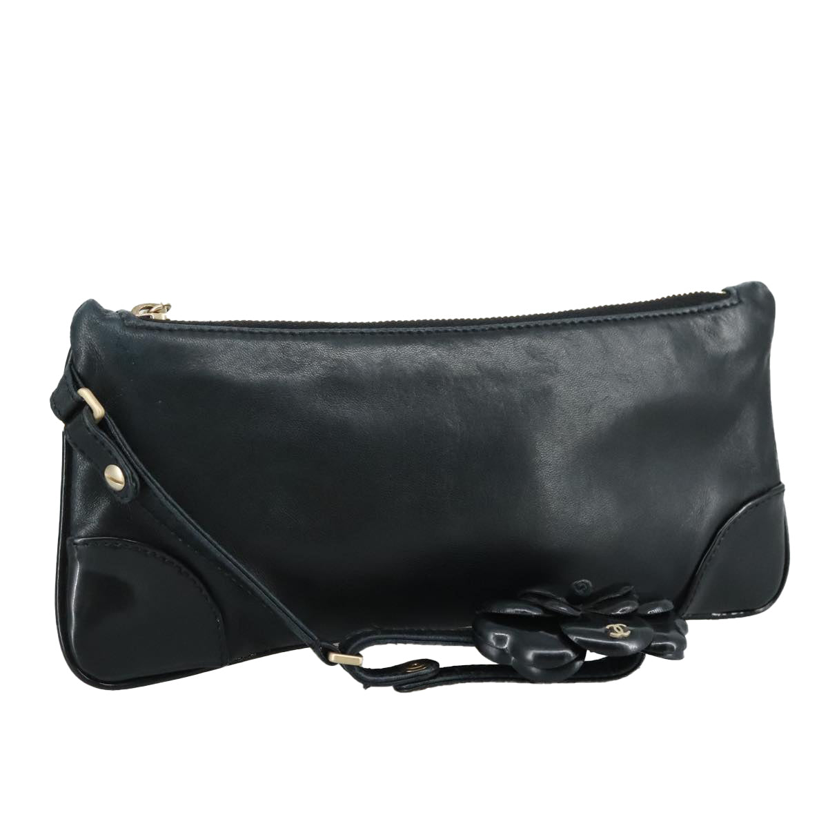 Chanel Camélia Black Leather Clutch Bag (Pre-Owned)
