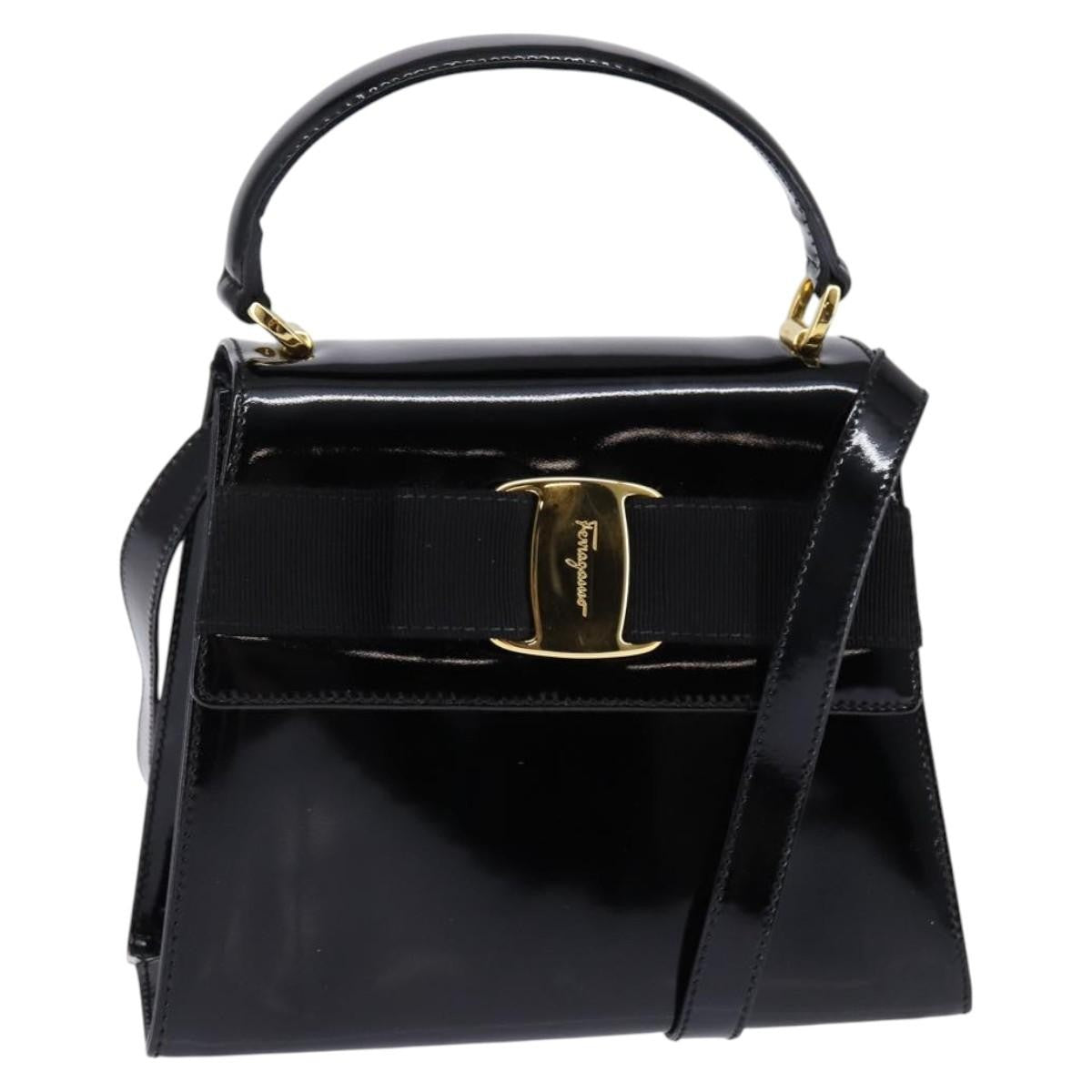 Salvatore Ferragamo Vintage Vara Bow Top Handle Patent Leather Black Patent_Leather Handbag (Pre-Owned)