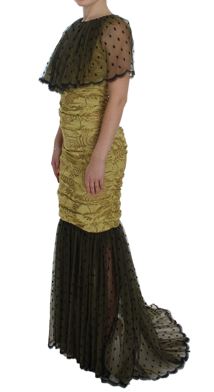 Dolce & Gabbana Yellow Black Floral Lace Ricamo Gown Women's Dress