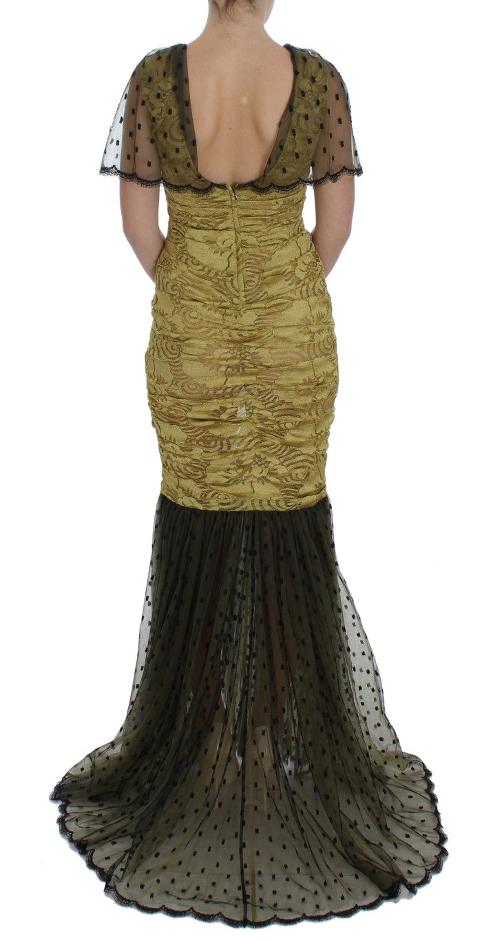 Dolce & Gabbana Yellow Black Floral Lace Ricamo Gown Women's Dress