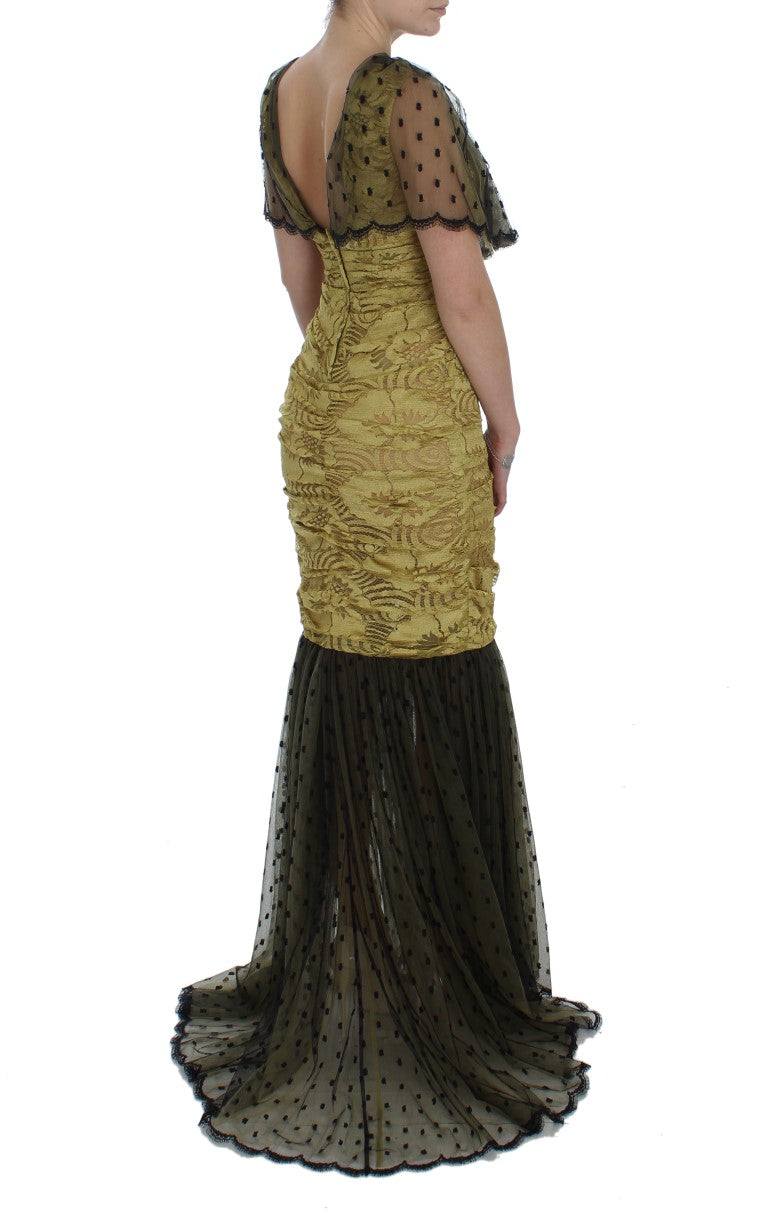 Dolce & Gabbana Yellow Black Floral Lace Ricamo Gown Women's Dress