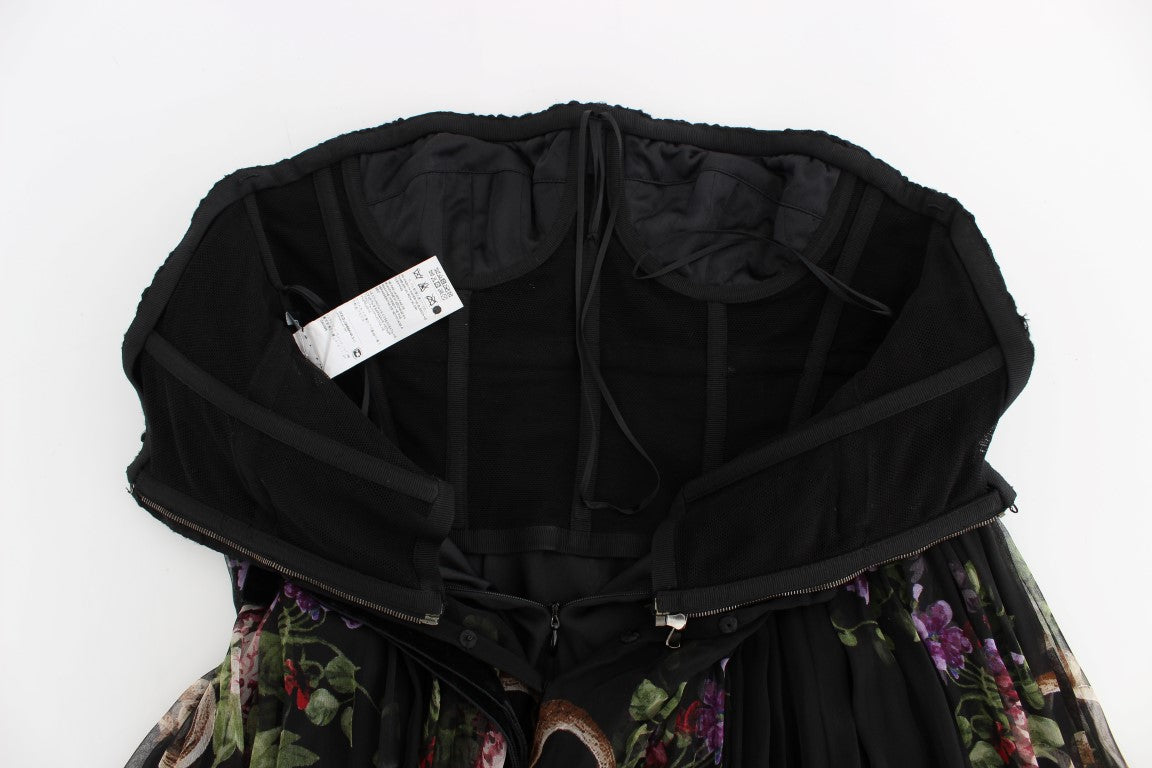 Dolce & Gabbana Black Floral Key Print Crystal Strapless Women's Dress