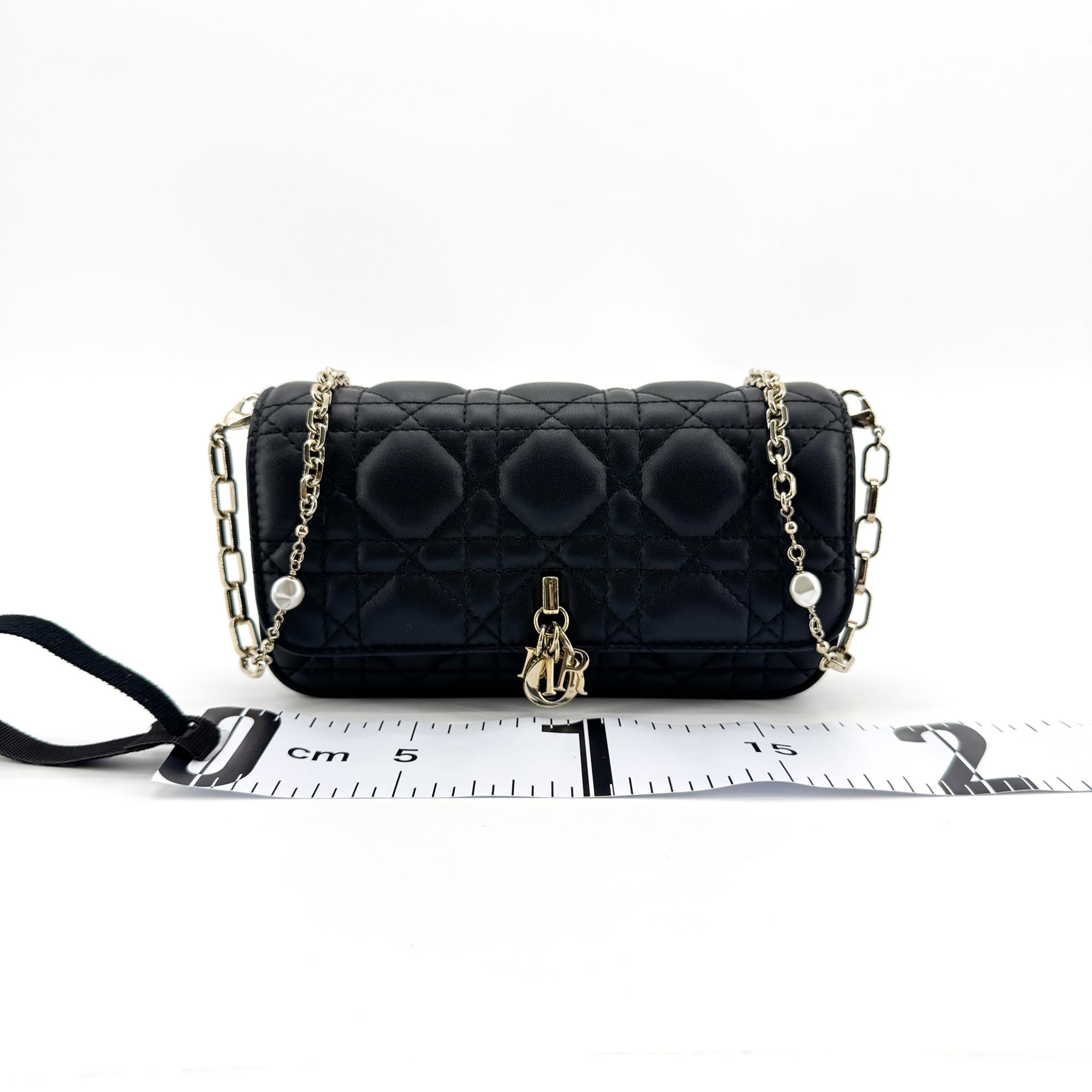 Christian Dior Lady Dior Chain Phone Cannage Quilt Lambskin Black Leather Clutche & Pouche Bag (Pre-Owned)