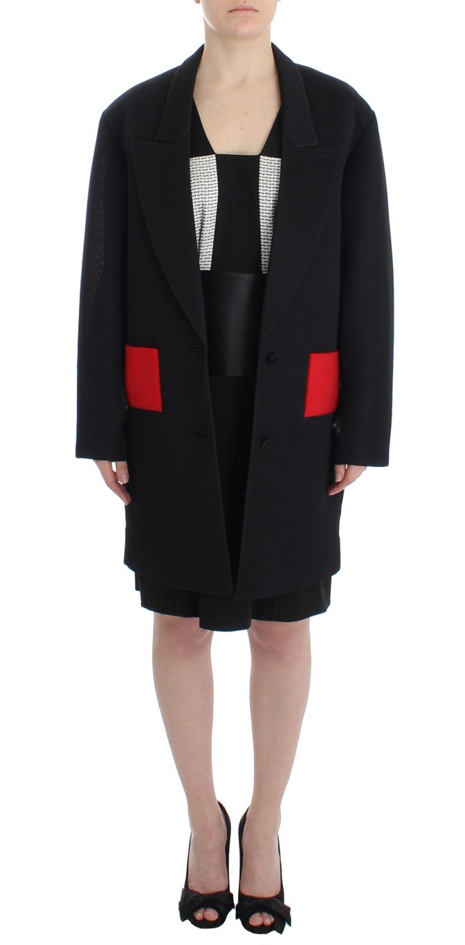 KAALE SUKTAE Elegant Draped Long Coat in Black with Red Women's Accents