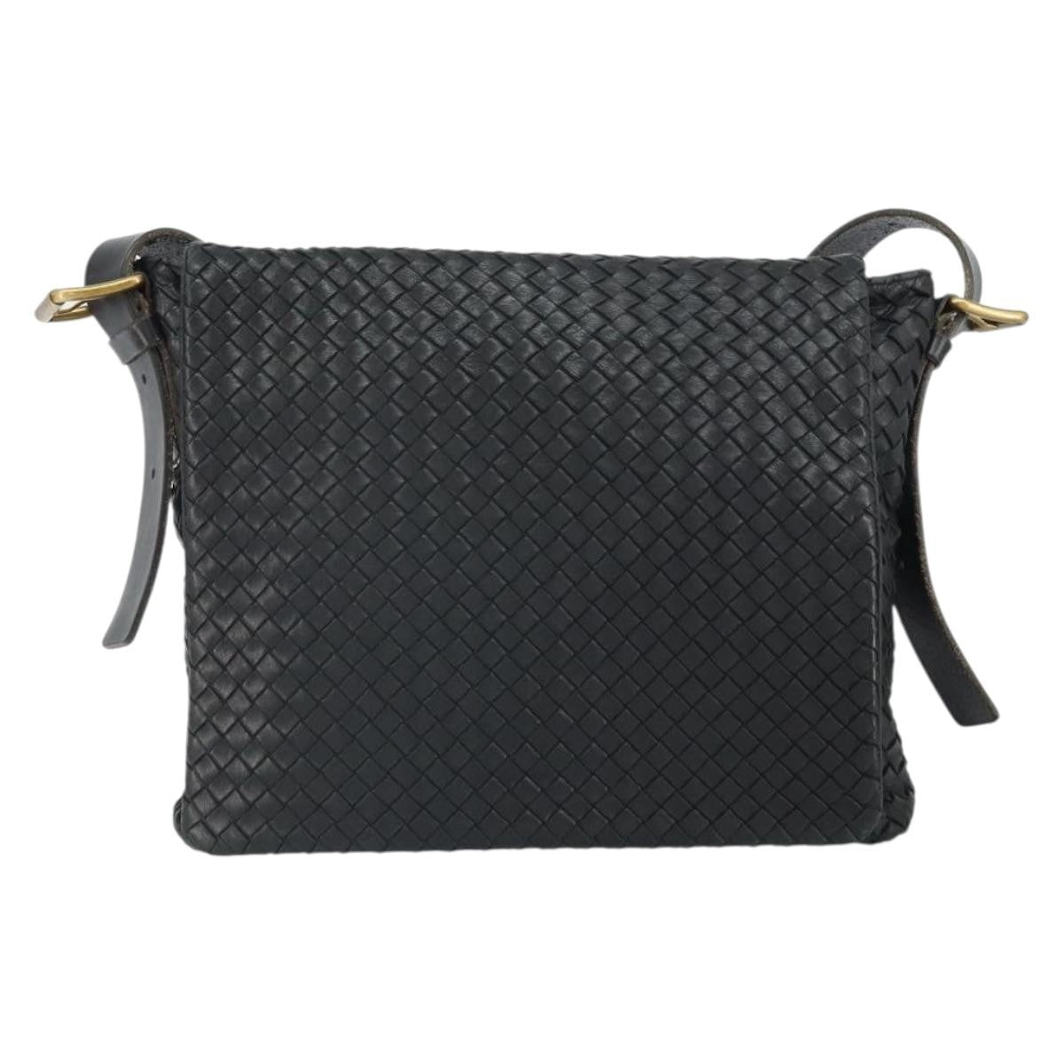 Bottega Veneta Square Flap Messenger Intrecciato Nappa Black Leather Shoulder Bag Bag (Pre-Owned)