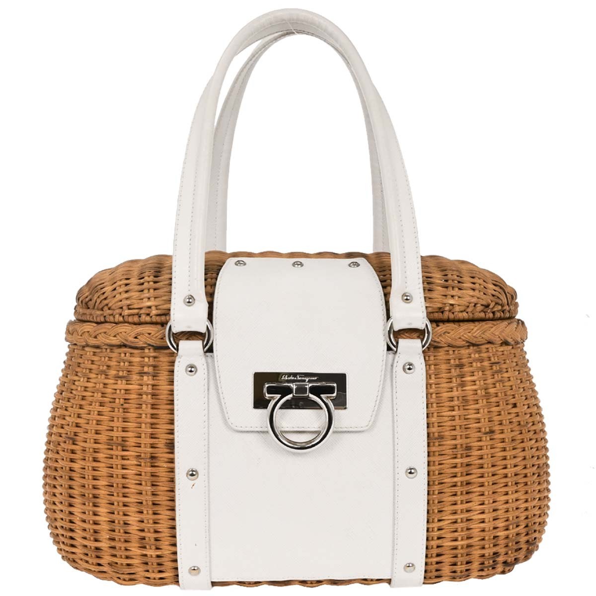 Salvatore Ferragamo Basket Gancini Leather And Wicker White Leather Handbag (Pre-Owned)