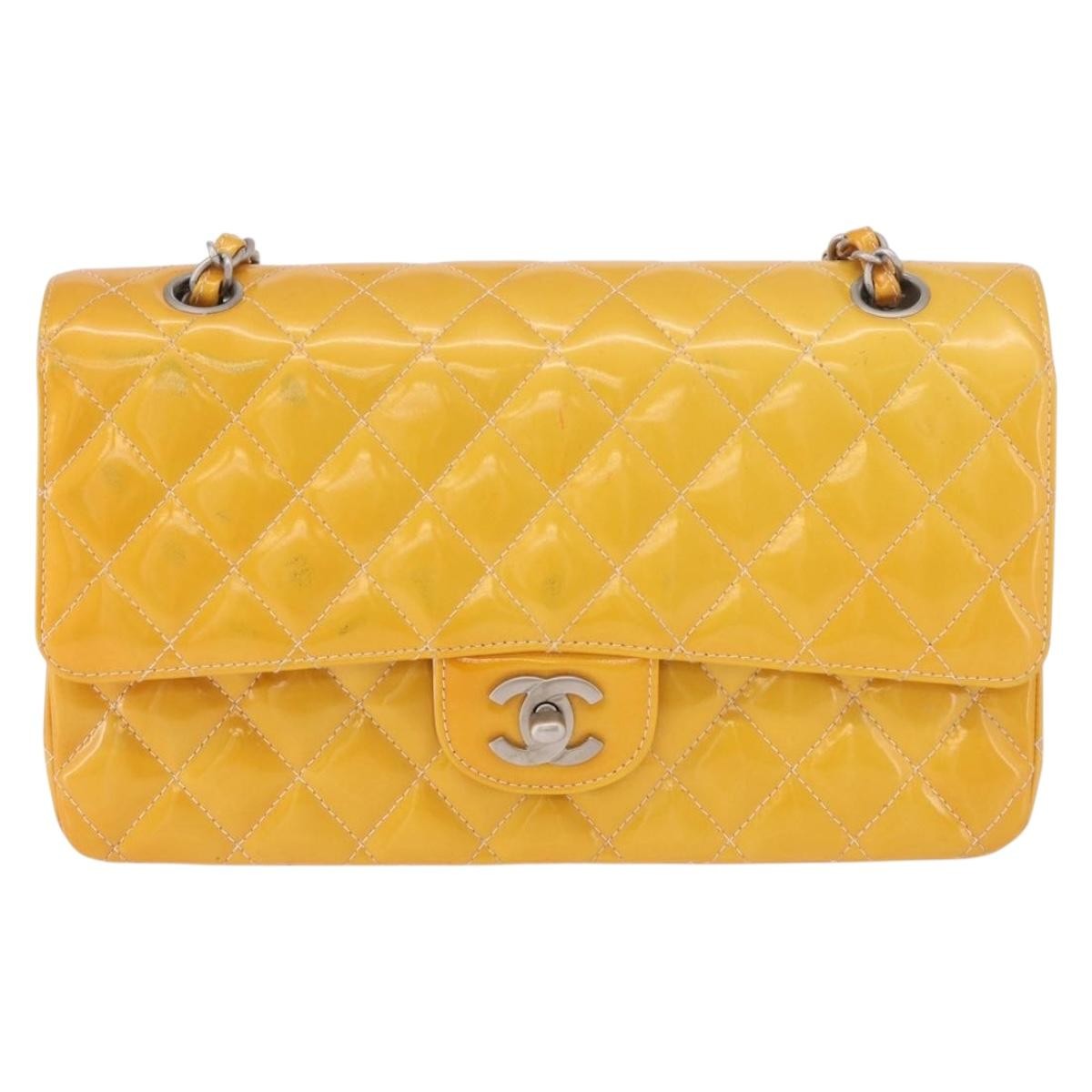 Chanel Timeless - Classic Double Flap Quilted Patent Yellow Patent_Leather Shoulder Bag Bag (Pre-Owned)