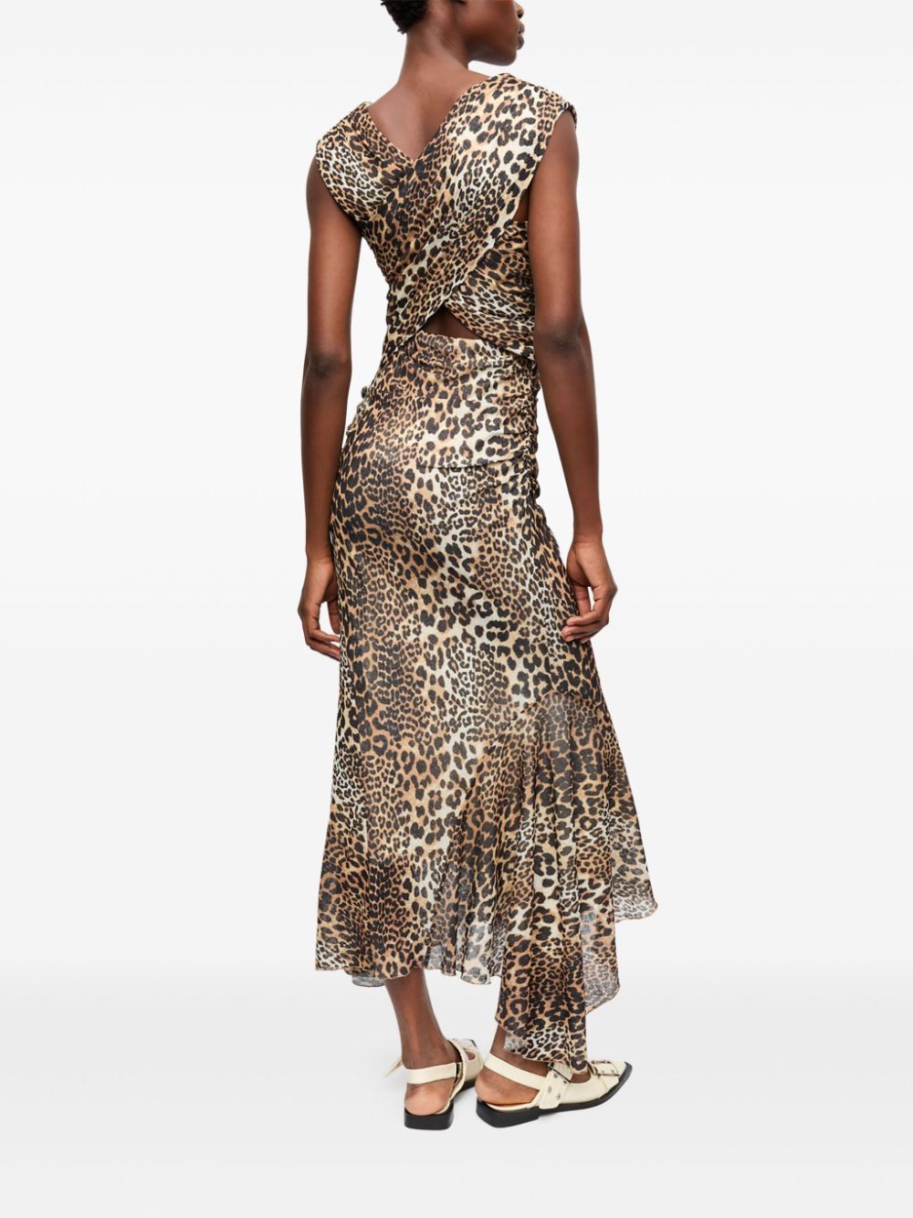Ganni Women's Leopard Marl Mesh Long Ruched Crossover Dress
