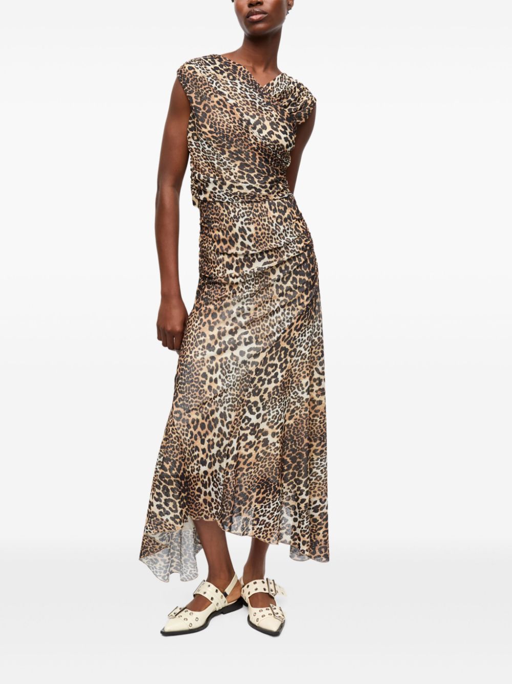 Ganni Women's Leopard Marl Mesh Long Ruched Crossover Dress
