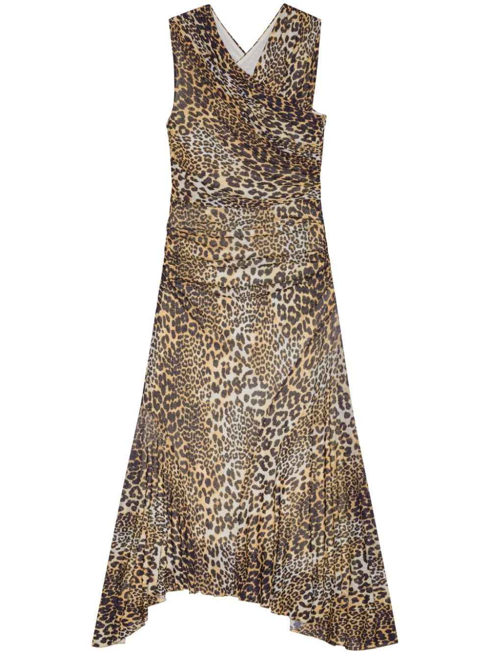 Ganni Women's Leopard Marl Mesh Long Ruched Crossover Dress