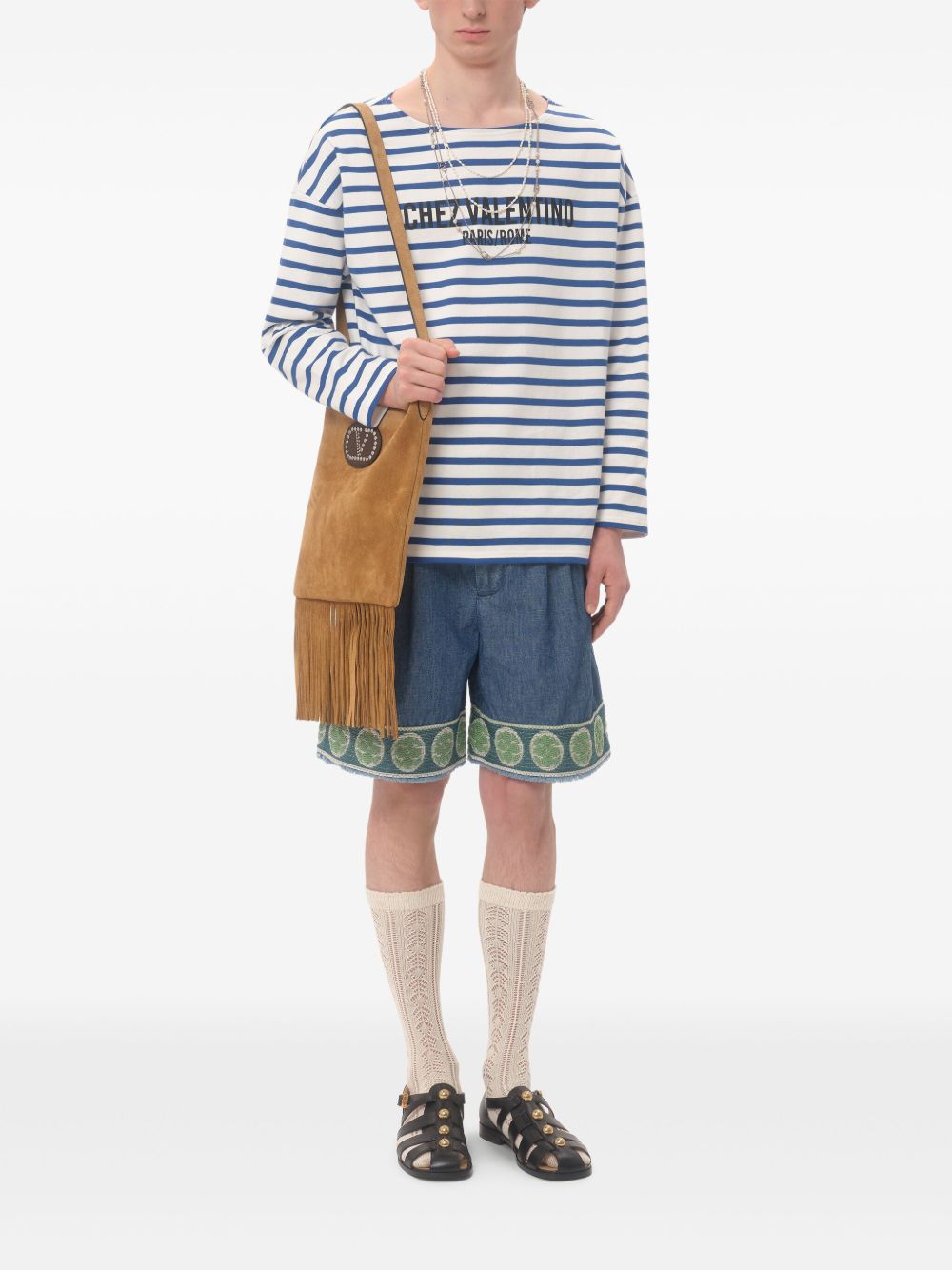 Valentino Men's Denim Bermuda Shorts With Jacquard Hem