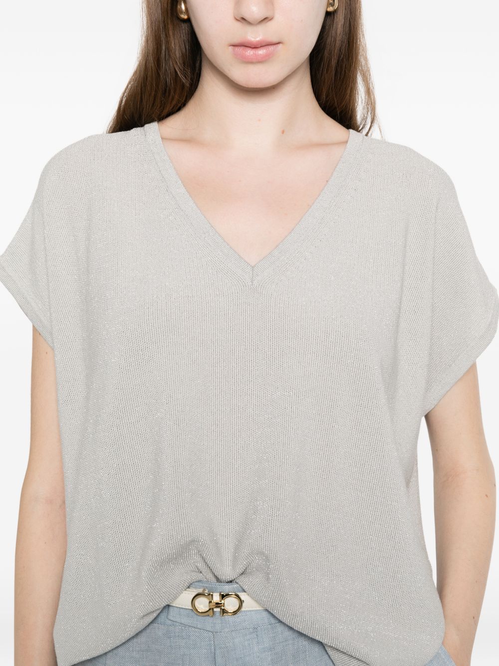 Fabiana Filippi Women's V-Neck Short Sleeves Knitted Construction Cotton V-Necked Top