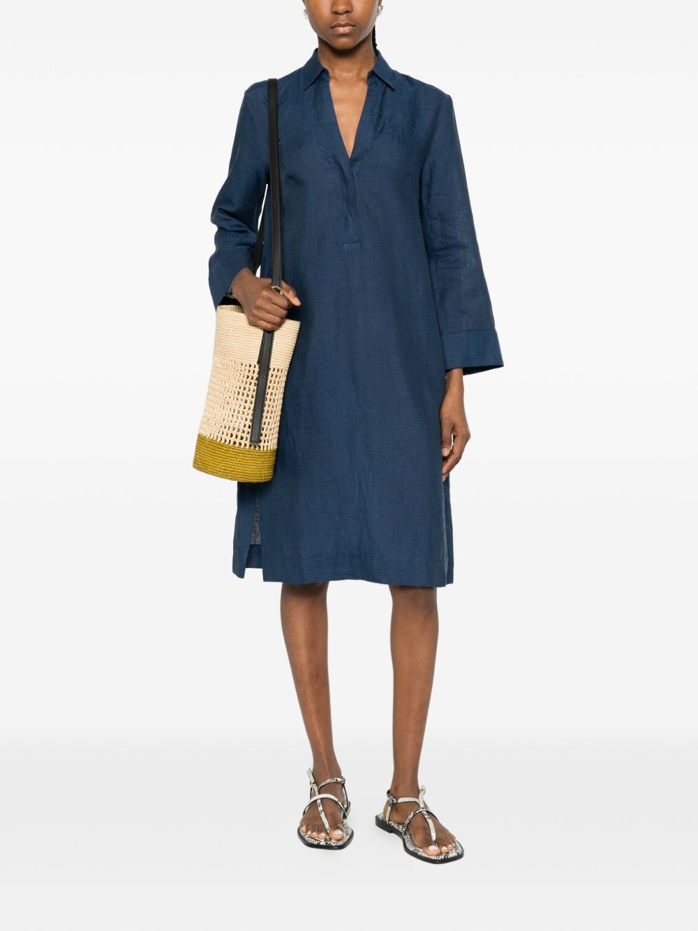Archivio '67 Women's V-Neck Side Slits Linen Chemisier Dress