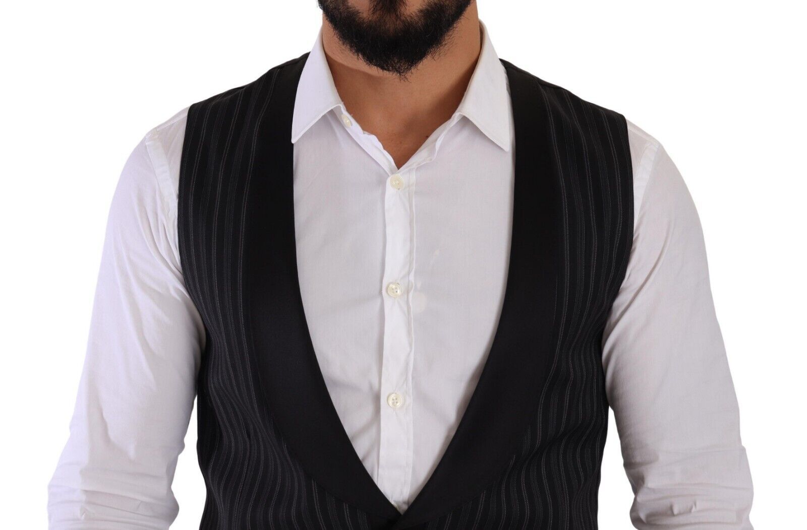 Dolce & Gabbana Dark Gray Striped Wool Silk Waistcoat Men's Vest