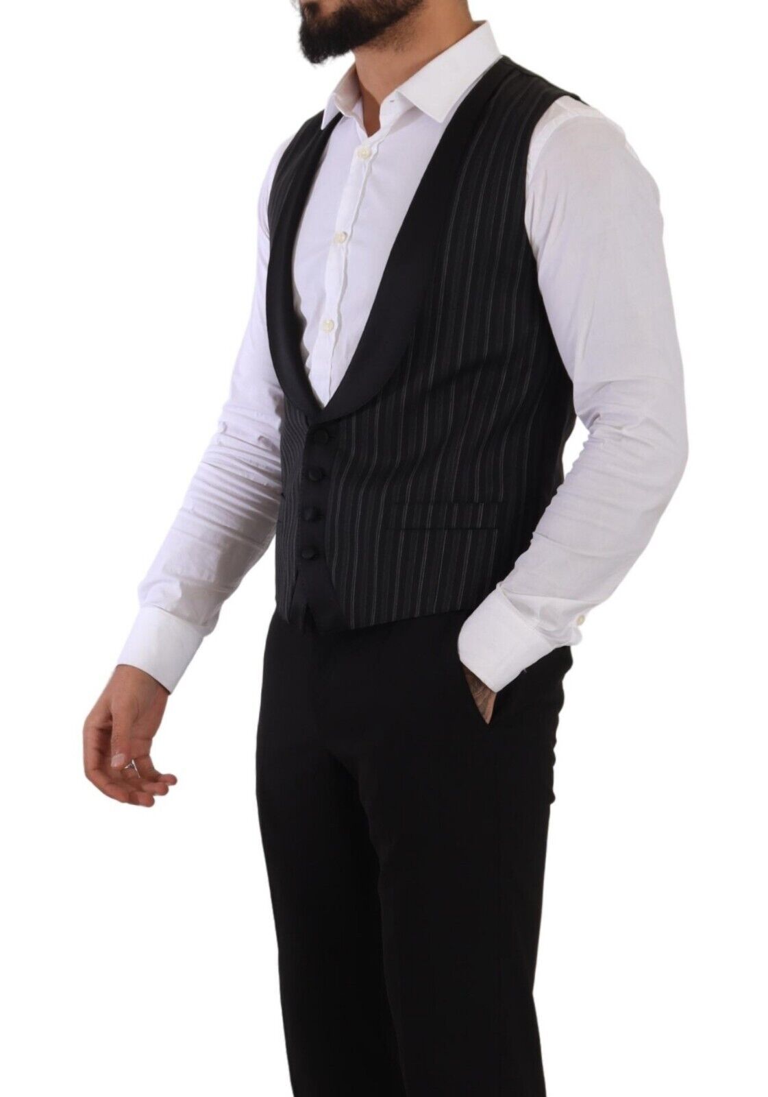 Dolce & Gabbana Dark Gray Striped Wool Silk Waistcoat Men's Vest