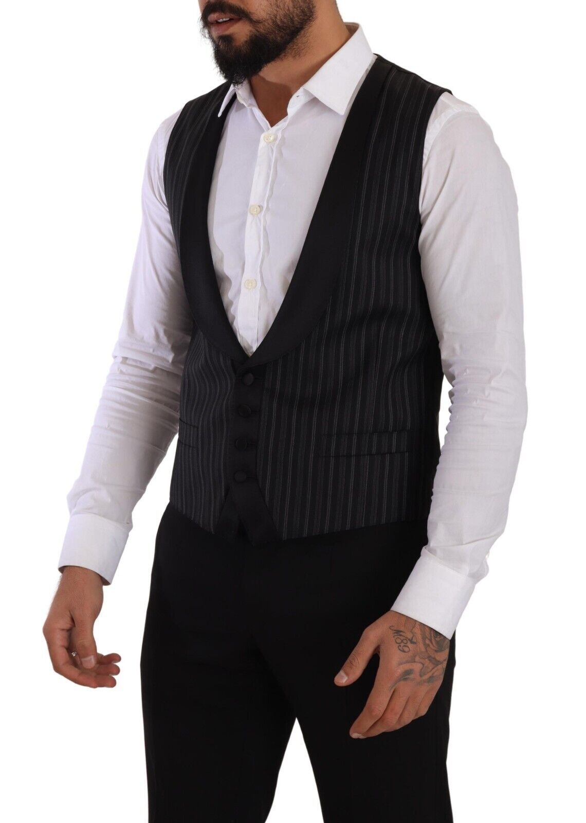 Dolce & Gabbana Dark Gray Striped Wool Silk Waistcoat Men's Vest