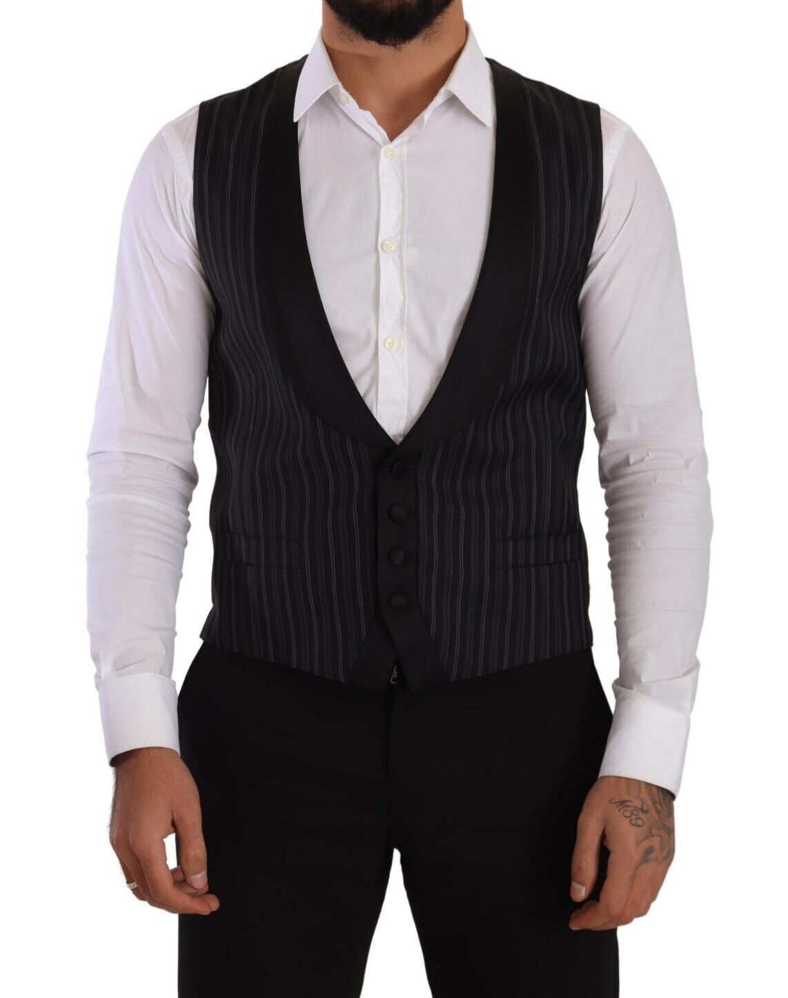 Dolce & Gabbana Dark Gray Striped Wool Silk Waistcoat Men's Vest