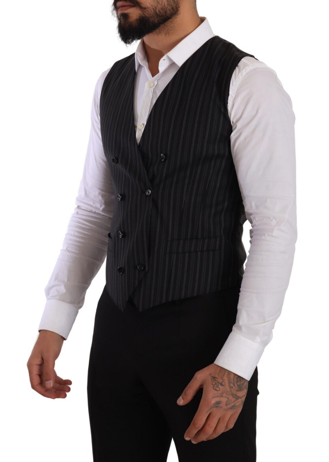 Dolce & Gabbana Gray Striped Double Breasted Waistcoat Men's Vest