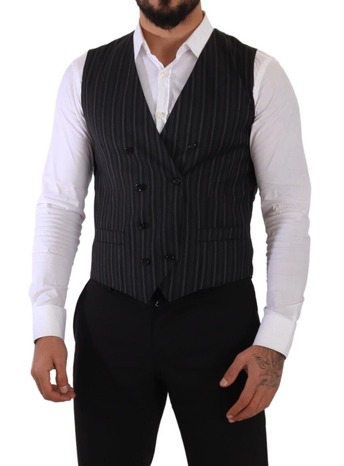 Dolce & Gabbana Gray Striped Double Breasted Waistcoat Men's Vest