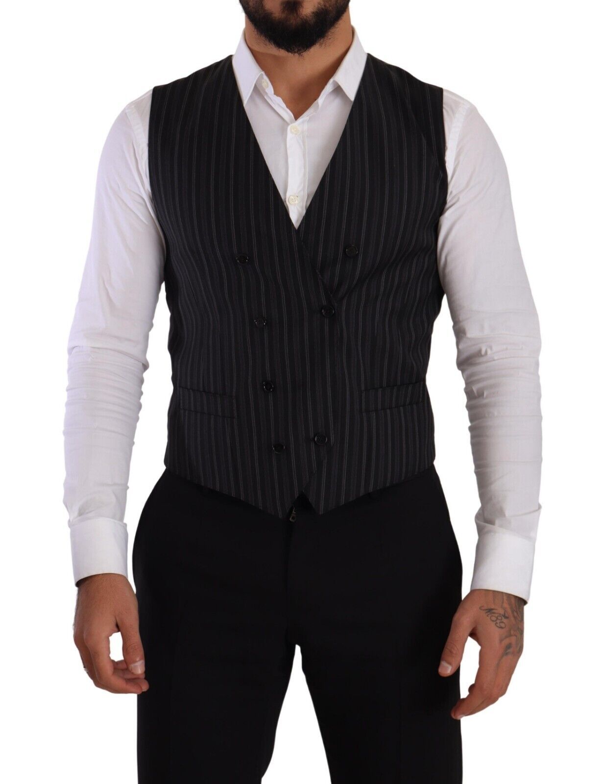 Dolce & Gabbana Gray Striped Double Breasted Waistcoat Men's Vest