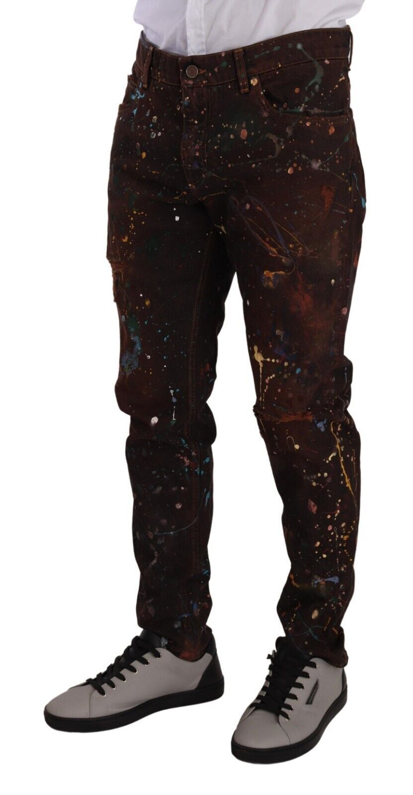 Dolce & Gabbana Brown Splash Color Cotton Regular Denim Men's Jeans