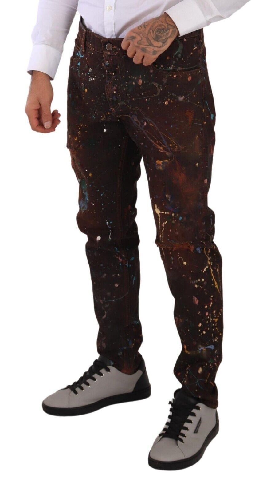 Dolce & Gabbana Brown Splash Color Cotton Regular Denim Men's Jeans