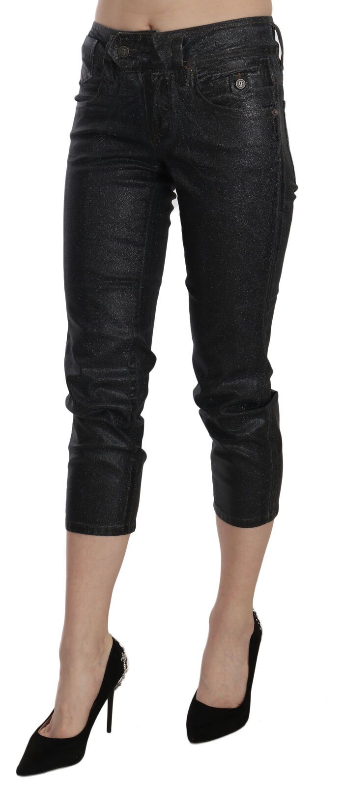 John Galliano Black Washed Mid Waist Slim Leg Cropped Denim Women's Pants