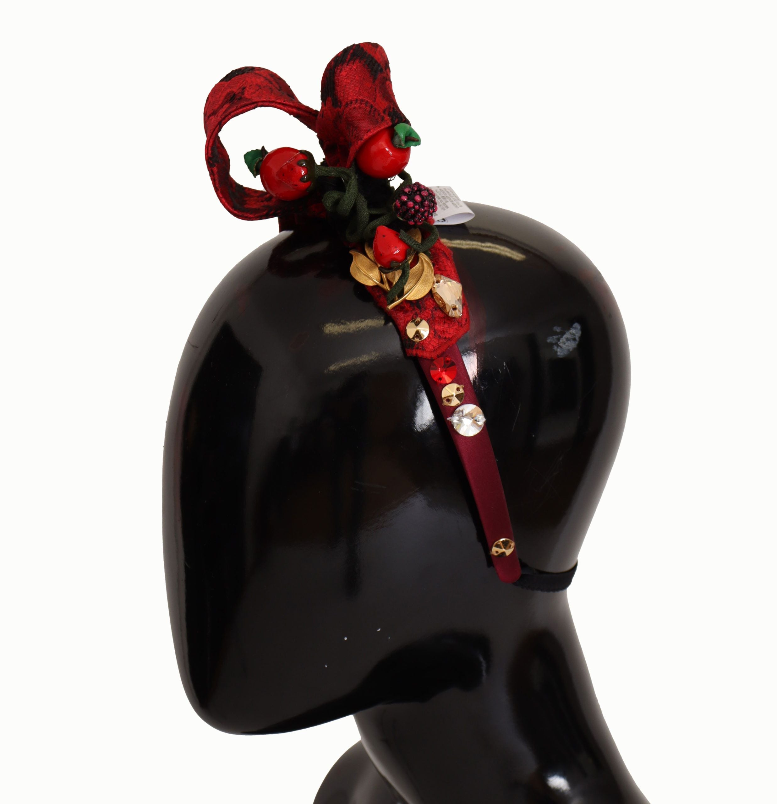 Dolce & Gabbana Cherry Silk Crystal Bow Logo Diadem Tiara Women's Headband