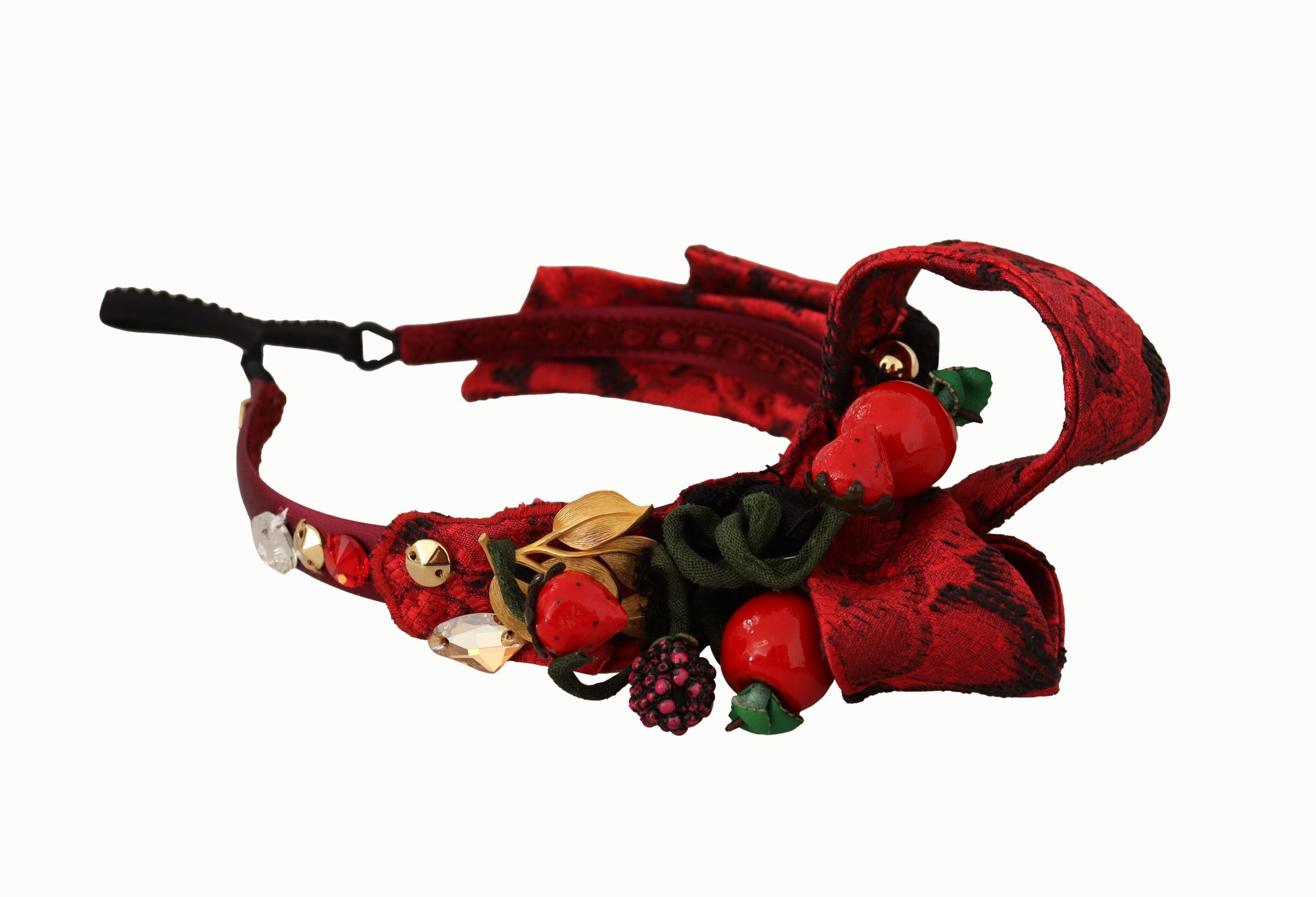 Dolce & Gabbana Cherry Silk Crystal Bow Logo Diadem Tiara Women's Headband