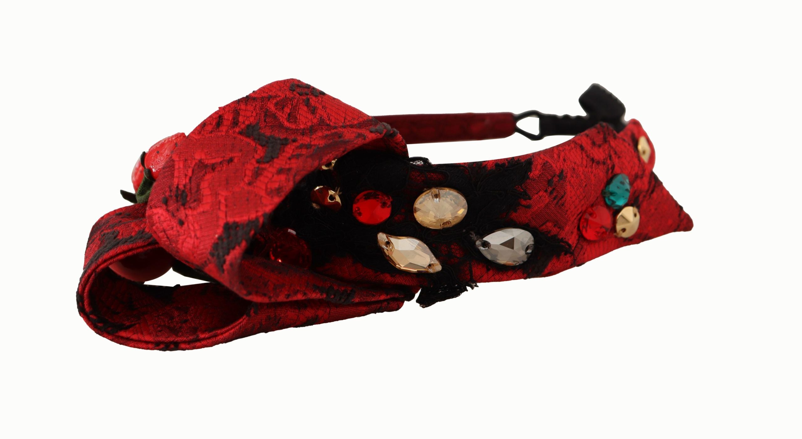 Dolce & Gabbana Cherry Silk Crystal Bow Logo Diadem Tiara Women's Headband