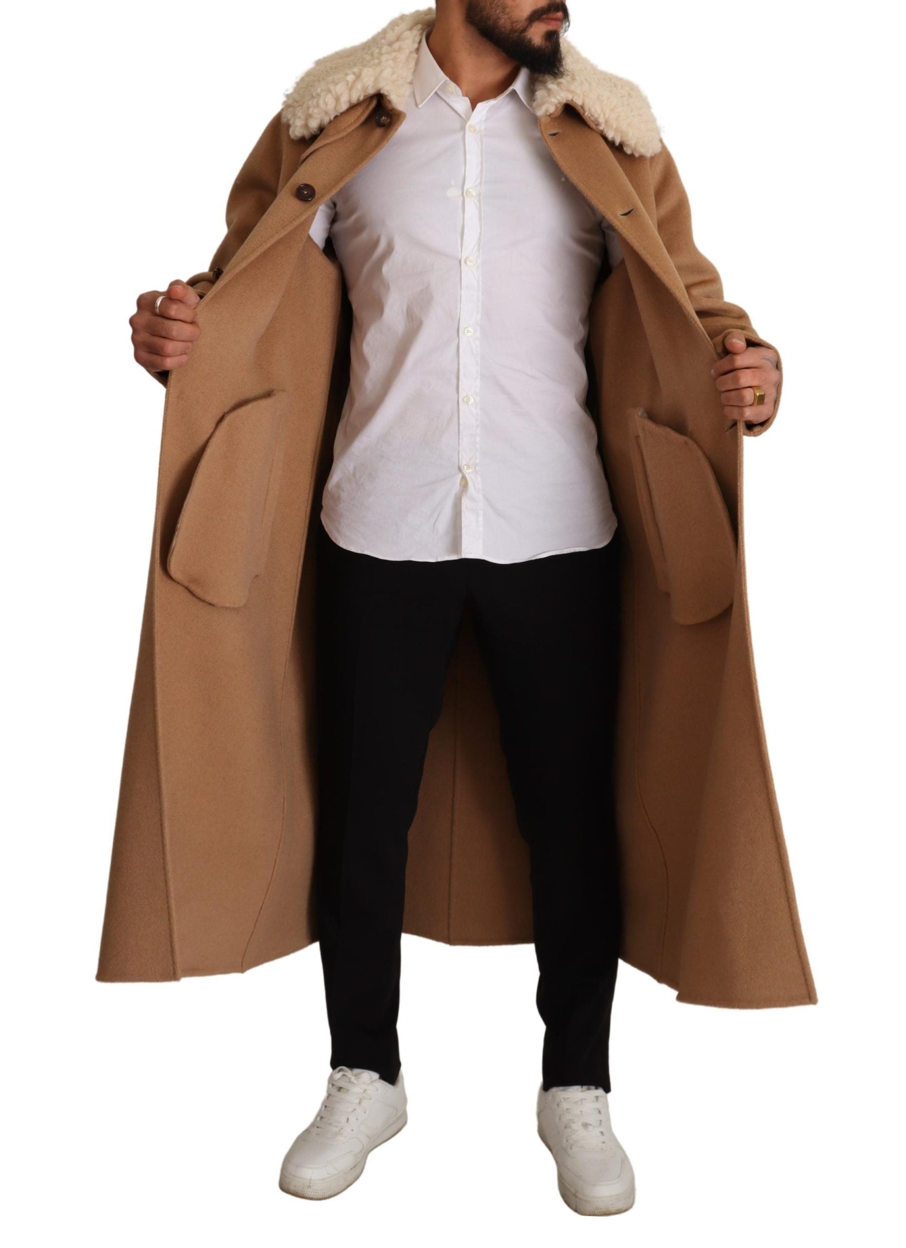 Dolce & Gabbana Beige Camel Skin Cashmere Shearling Overcoat Men's Jacket (Pre-Owned)