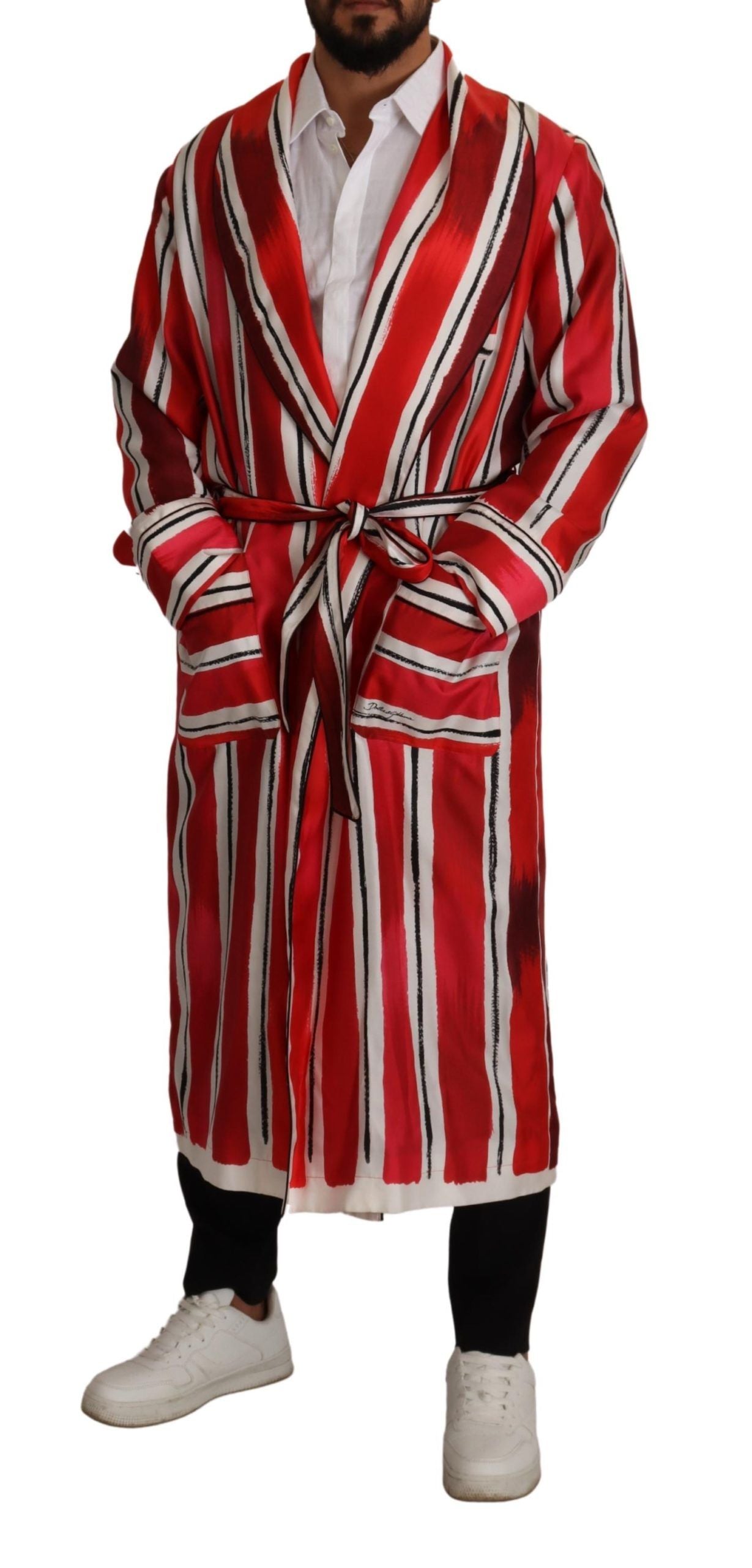 Dolce & Gabbana Red White Striped Silk Mens Night Gown Men's Robe