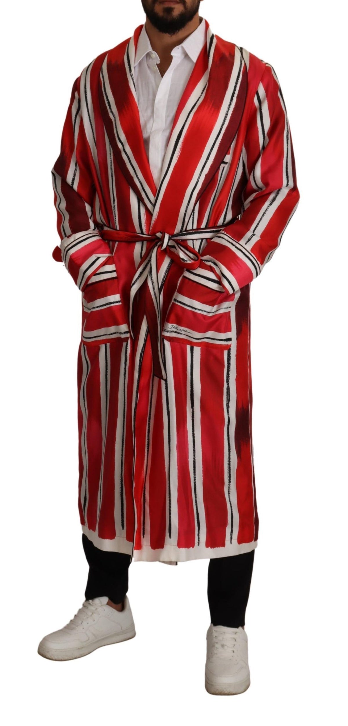 Dolce & Gabbana Red White Striped Silk Mens Night Gown Men's Robe