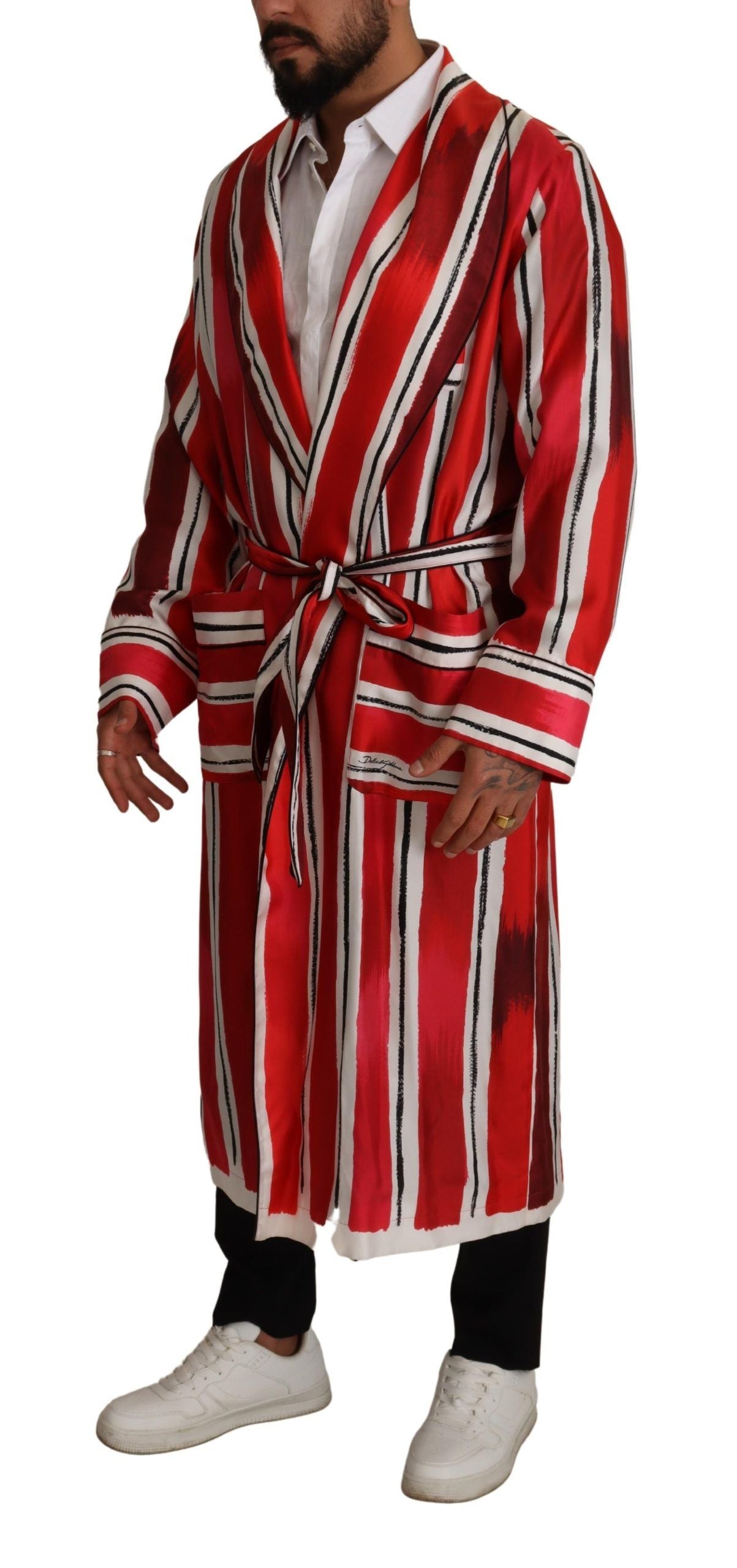 Dolce & Gabbana Red White Striped Silk Mens Night Gown Men's Robe