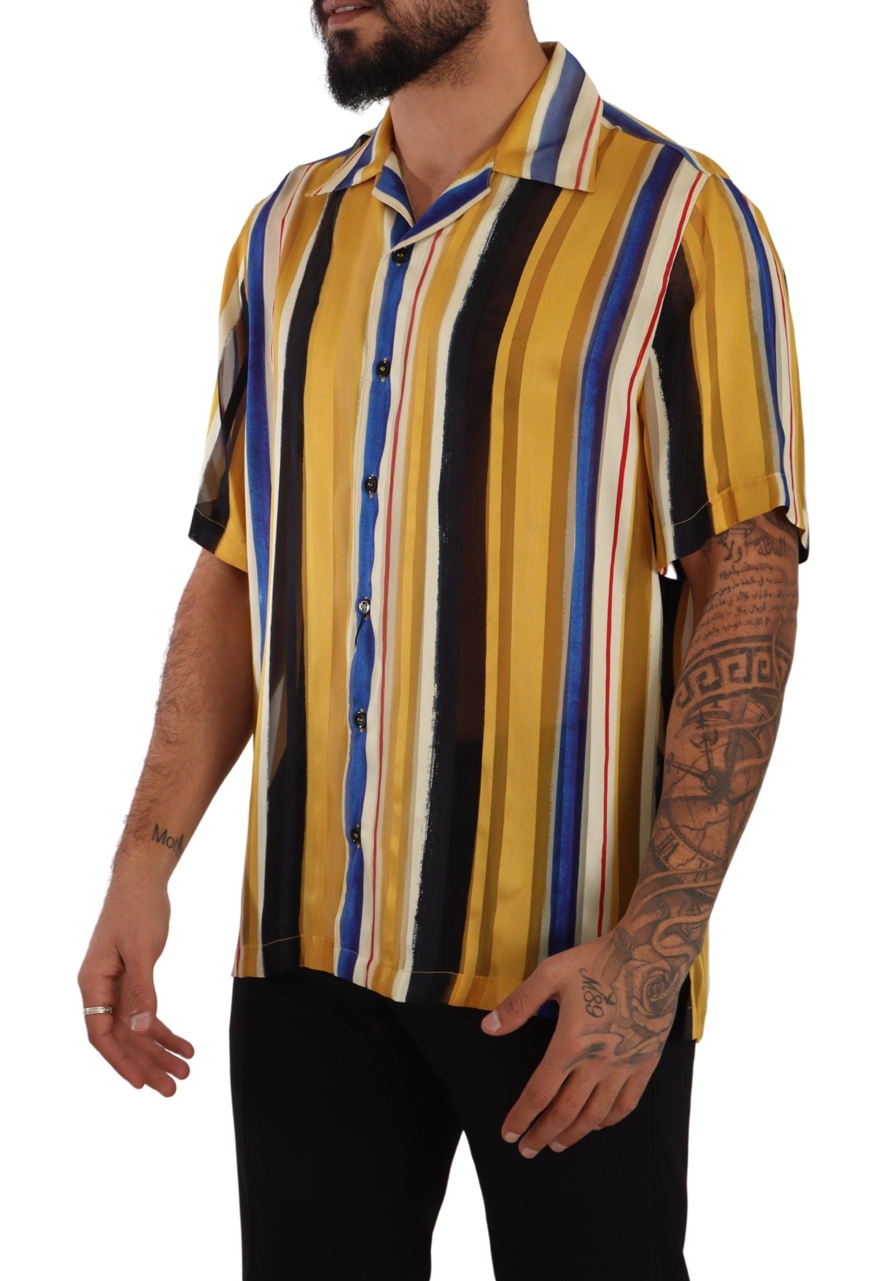 Dolce & Gabbana Yellow Striped Short Sleeve Silk Men's Shirt