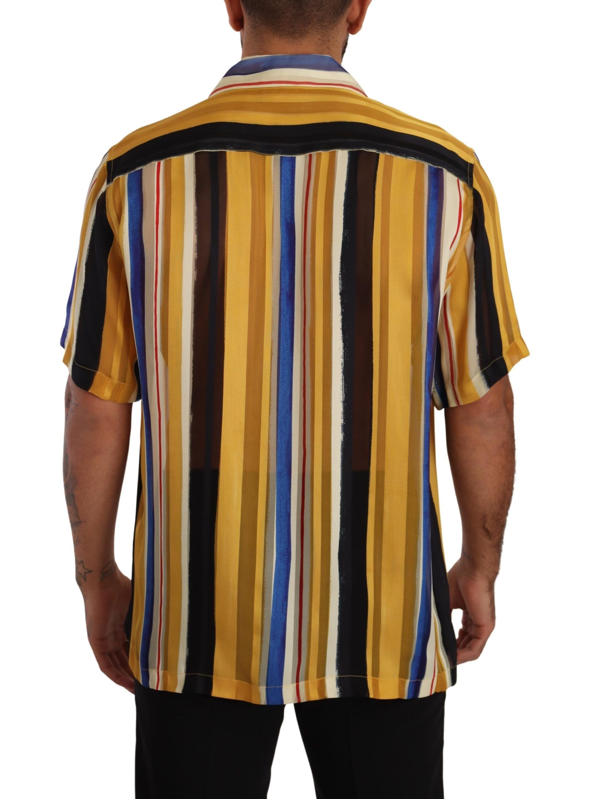 Dolce & Gabbana Yellow Striped Short Sleeve Silk Men's Shirt