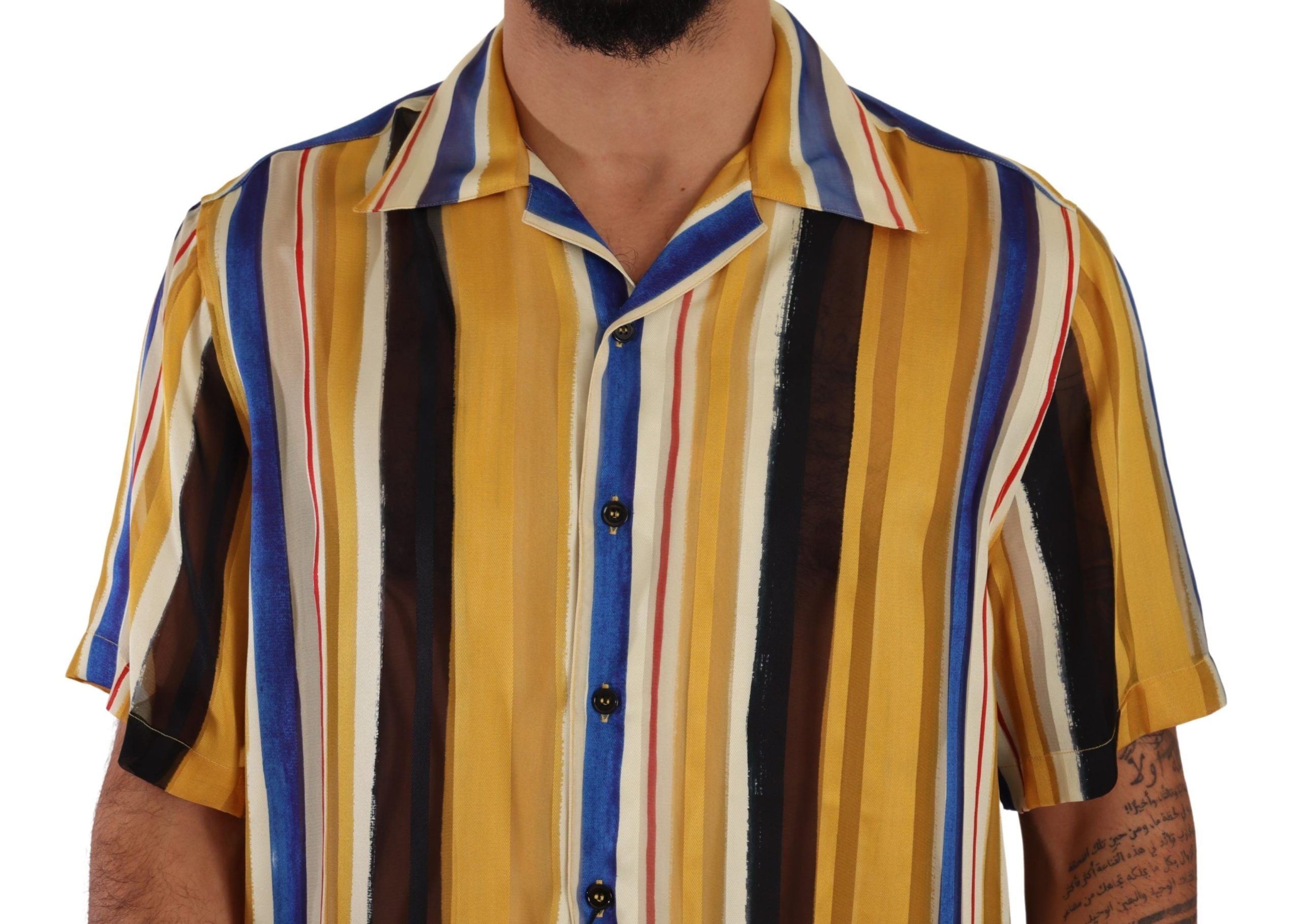Dolce & Gabbana Yellow Striped Short Sleeve Silk Men's Shirt