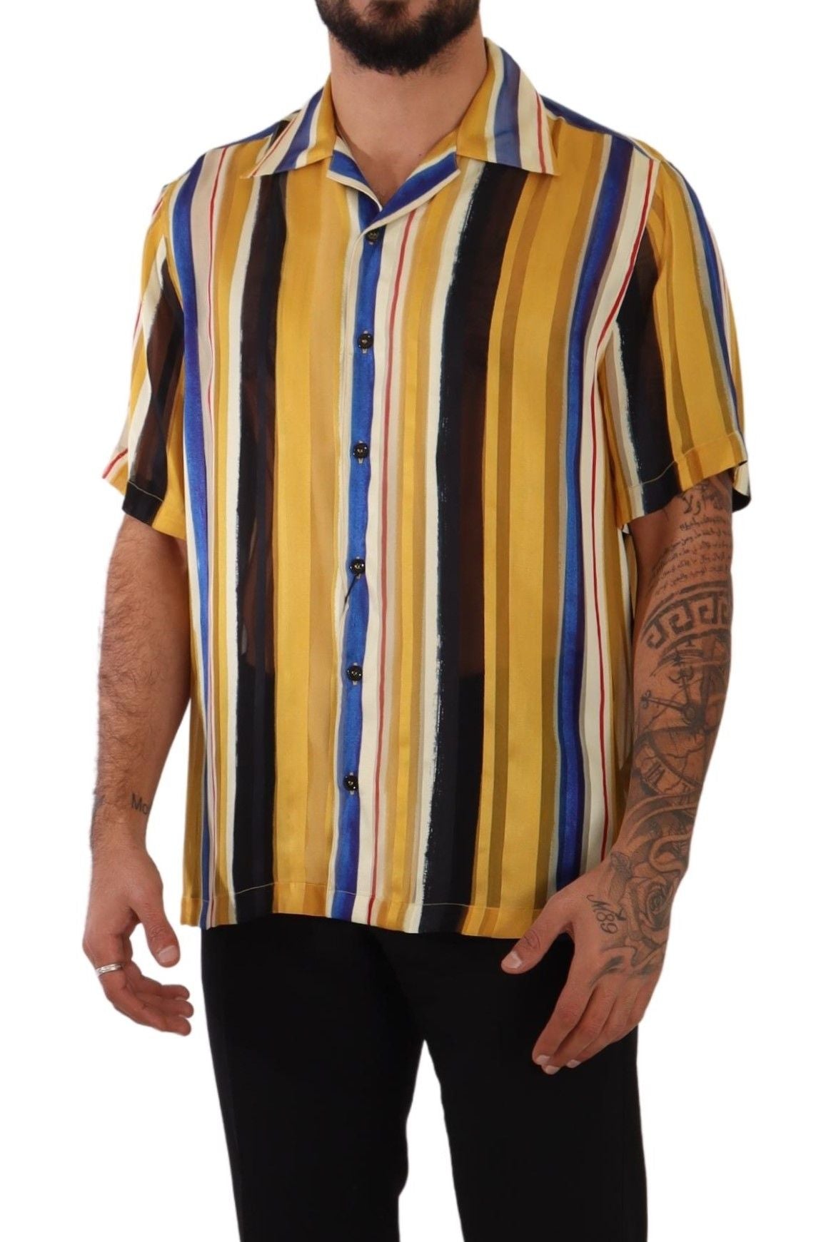 Dolce & Gabbana Yellow Striped Short Sleeve Silk Men's Shirt