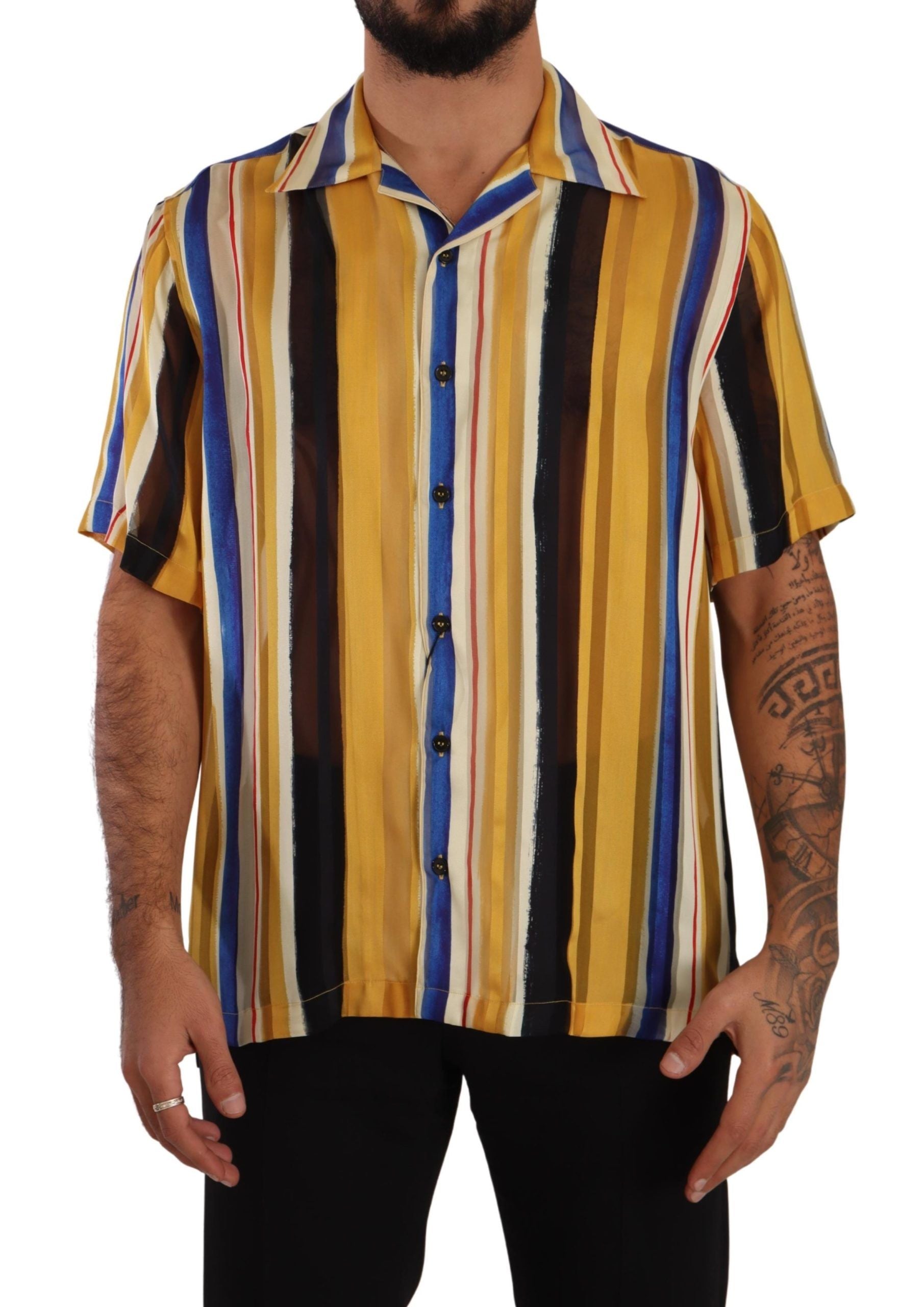 Dolce & Gabbana Yellow Striped Short Sleeve Silk Men's Shirt