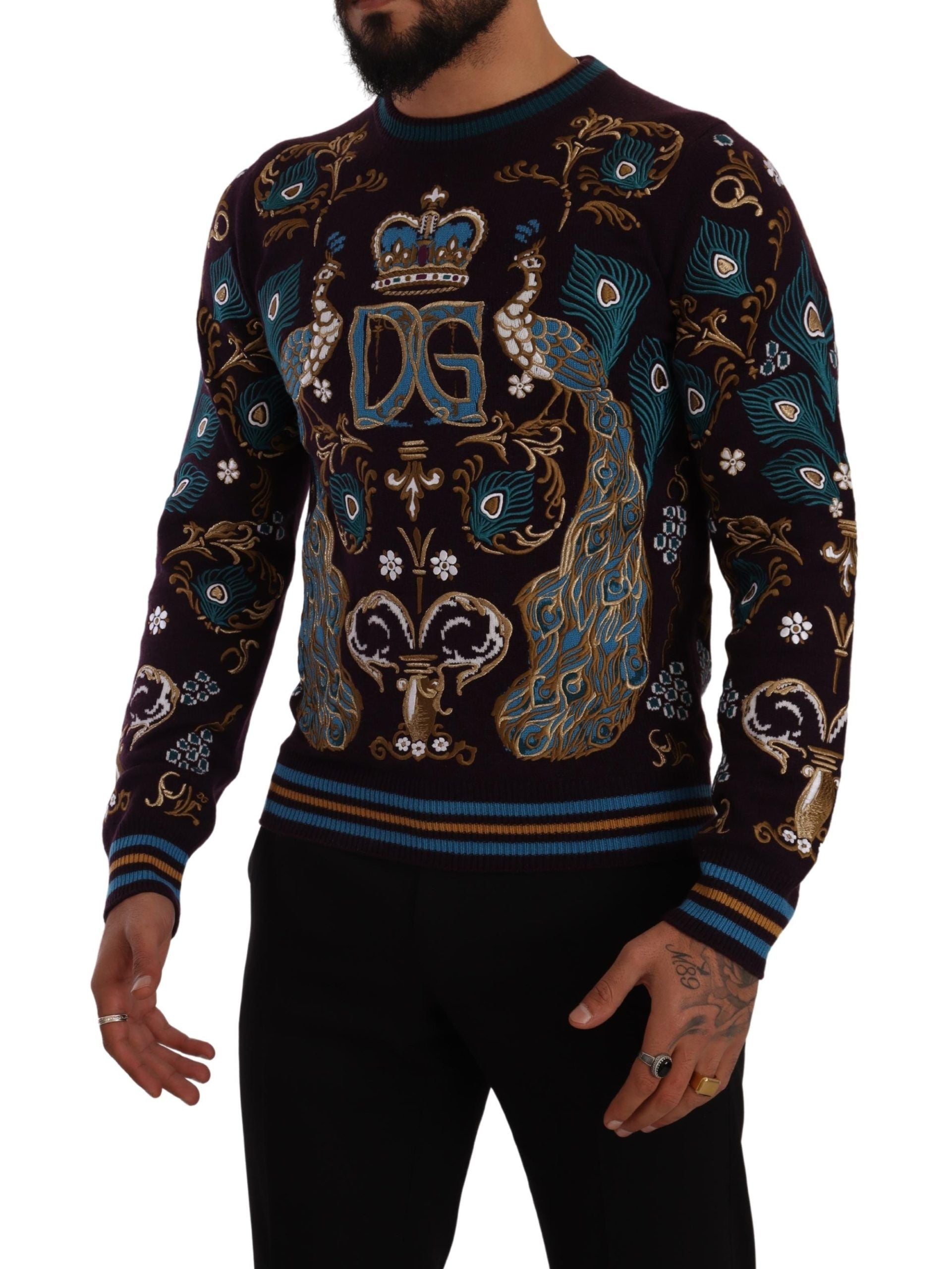 Dolce & Gabbana Bordeaux Cashmere DG Crown Embroidered Men's Sweater
