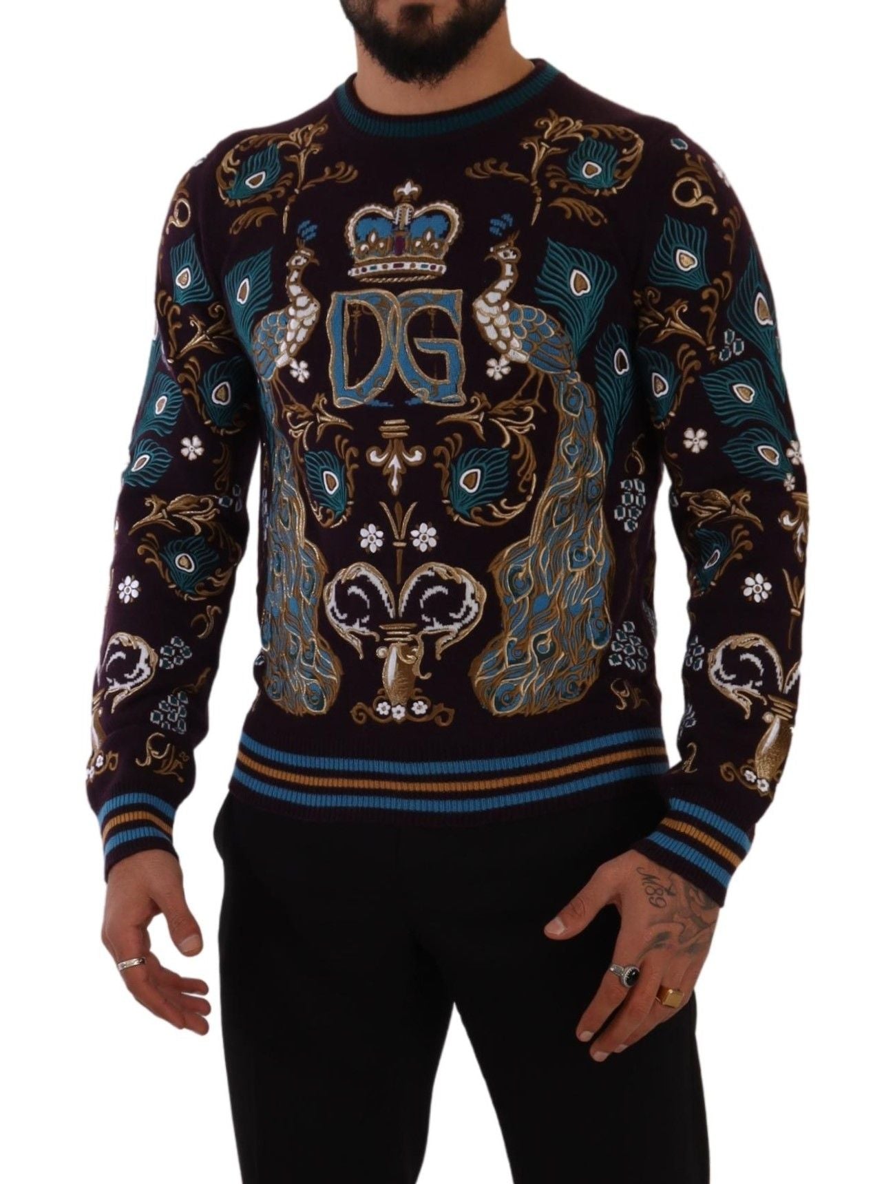 Dolce & Gabbana Bordeaux Cashmere DG Crown Embroidered Men's Sweater