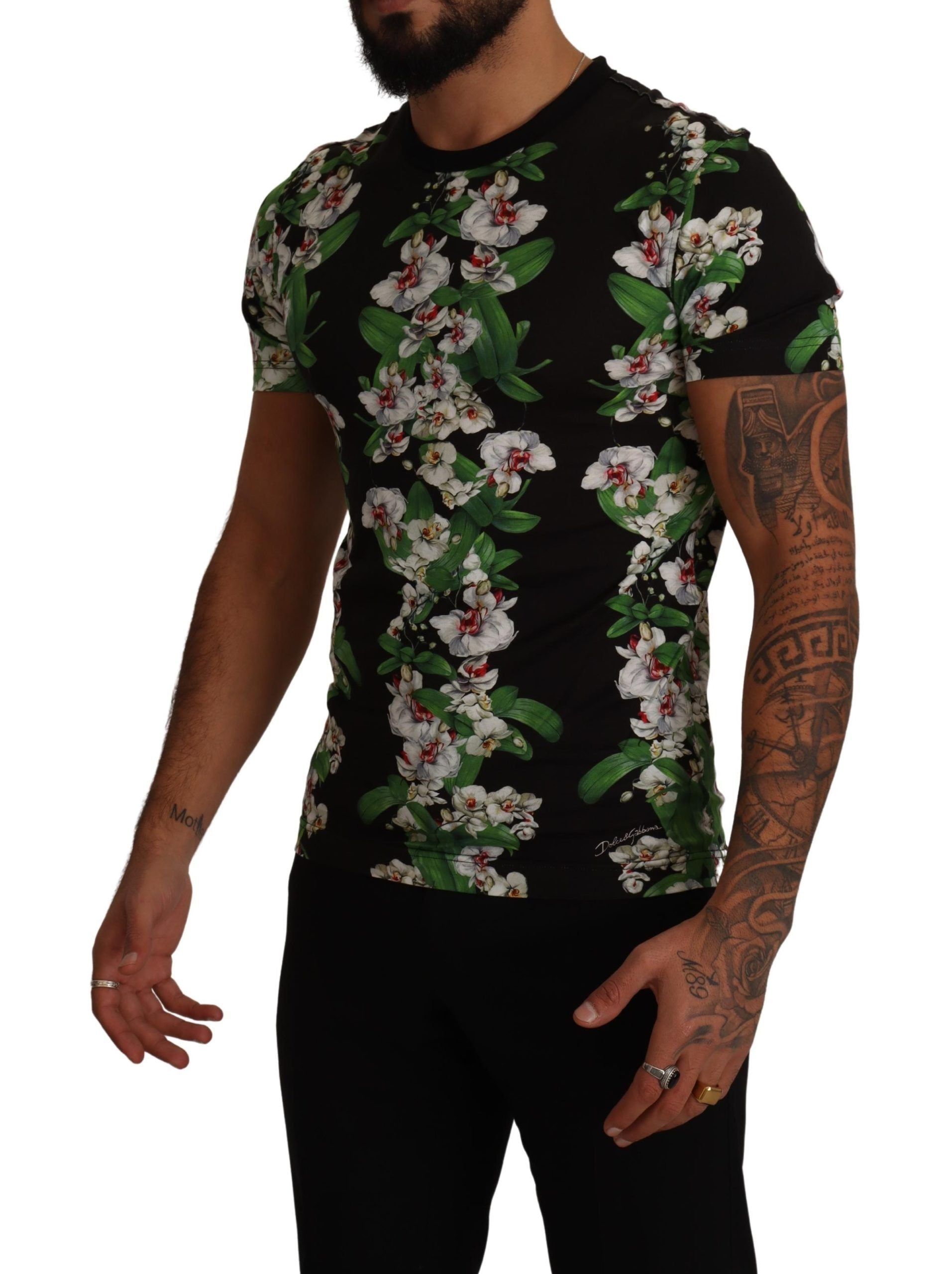 Dolce & Gabbana Black Floral Print Crewneck Men's T-shirt