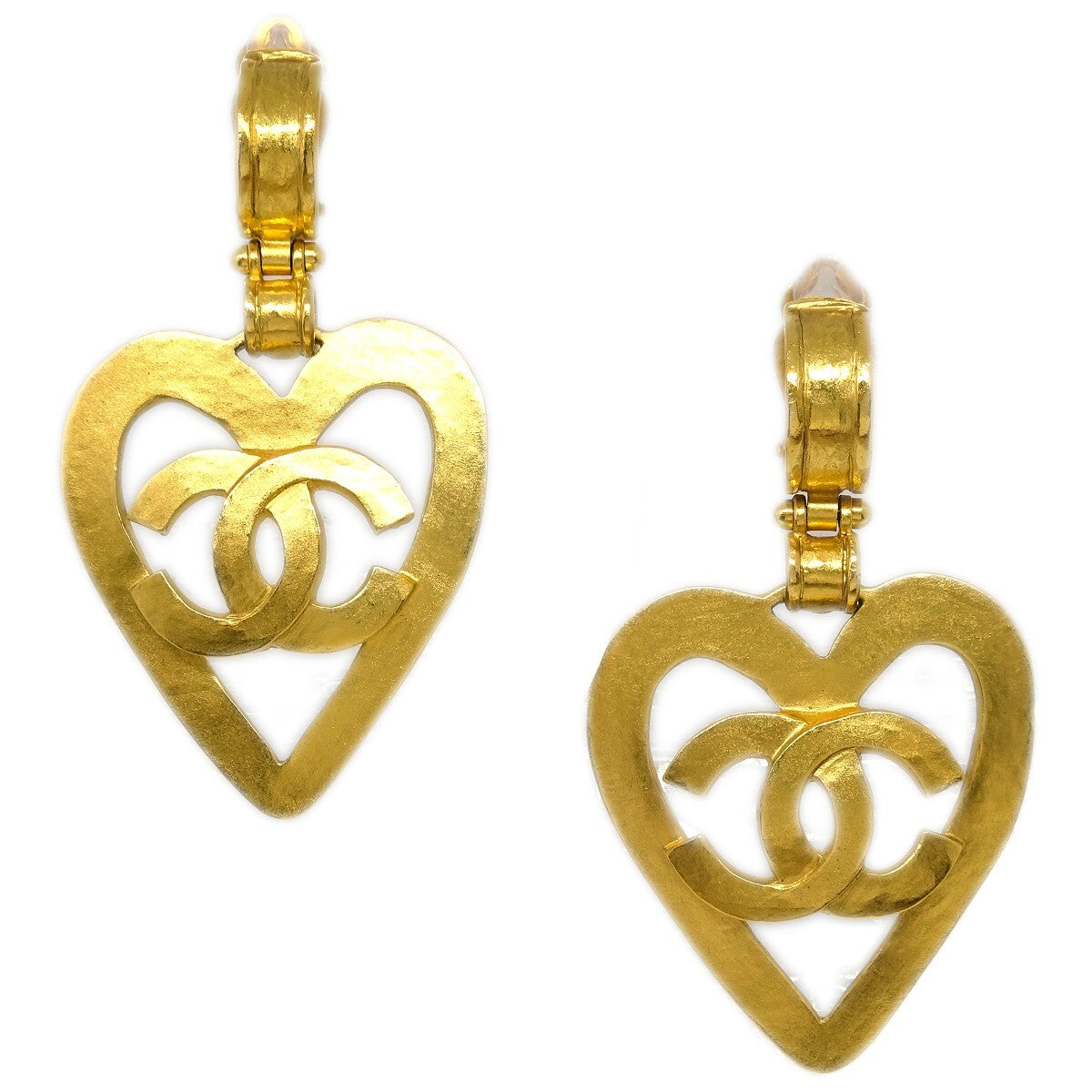 Chanel Vintage Cc Heart Cut Out Drop Clip-On Metal Gold Gold_Plated Earrings Jewelry (Pre-Owned)