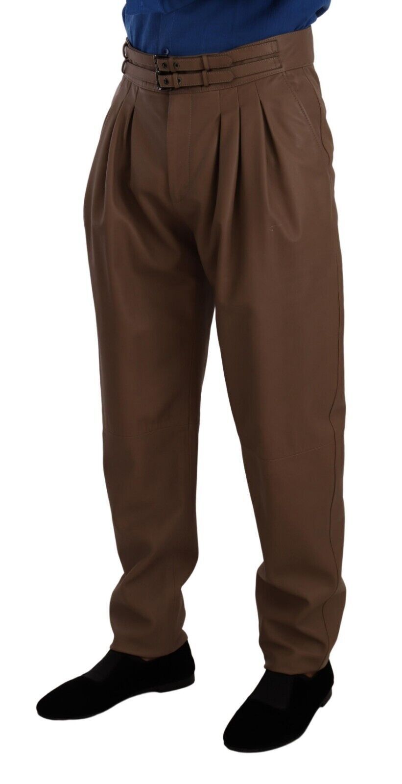 Dolce & Gabbana Brown Leather Tapered High Waist Men's Pants
