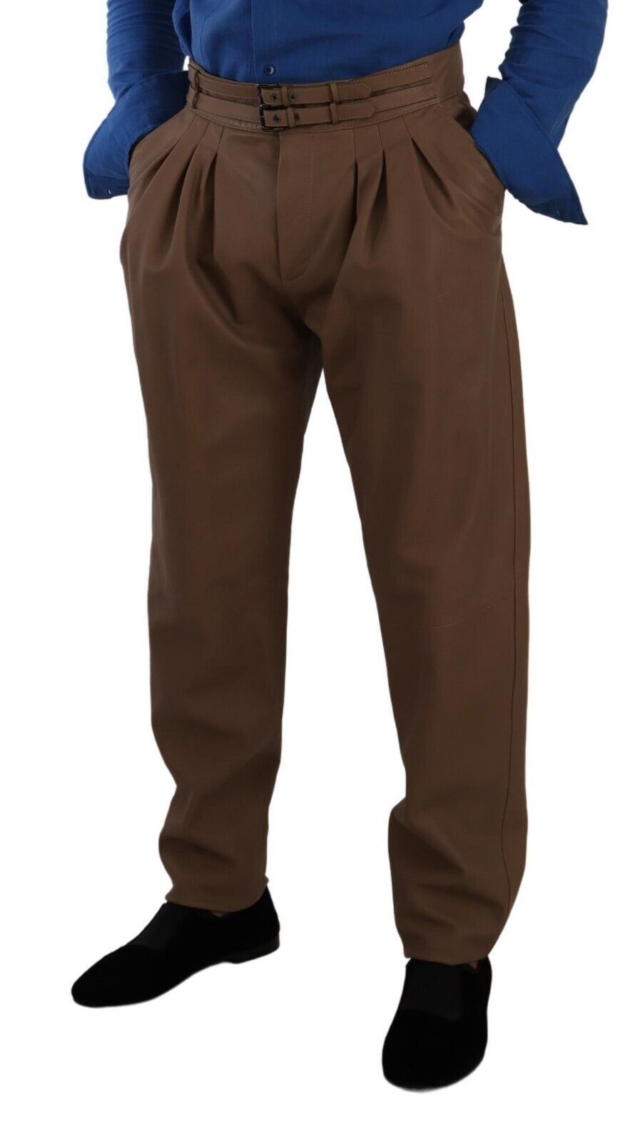 Dolce & Gabbana Brown Leather Tapered High Waist Men's Pants
