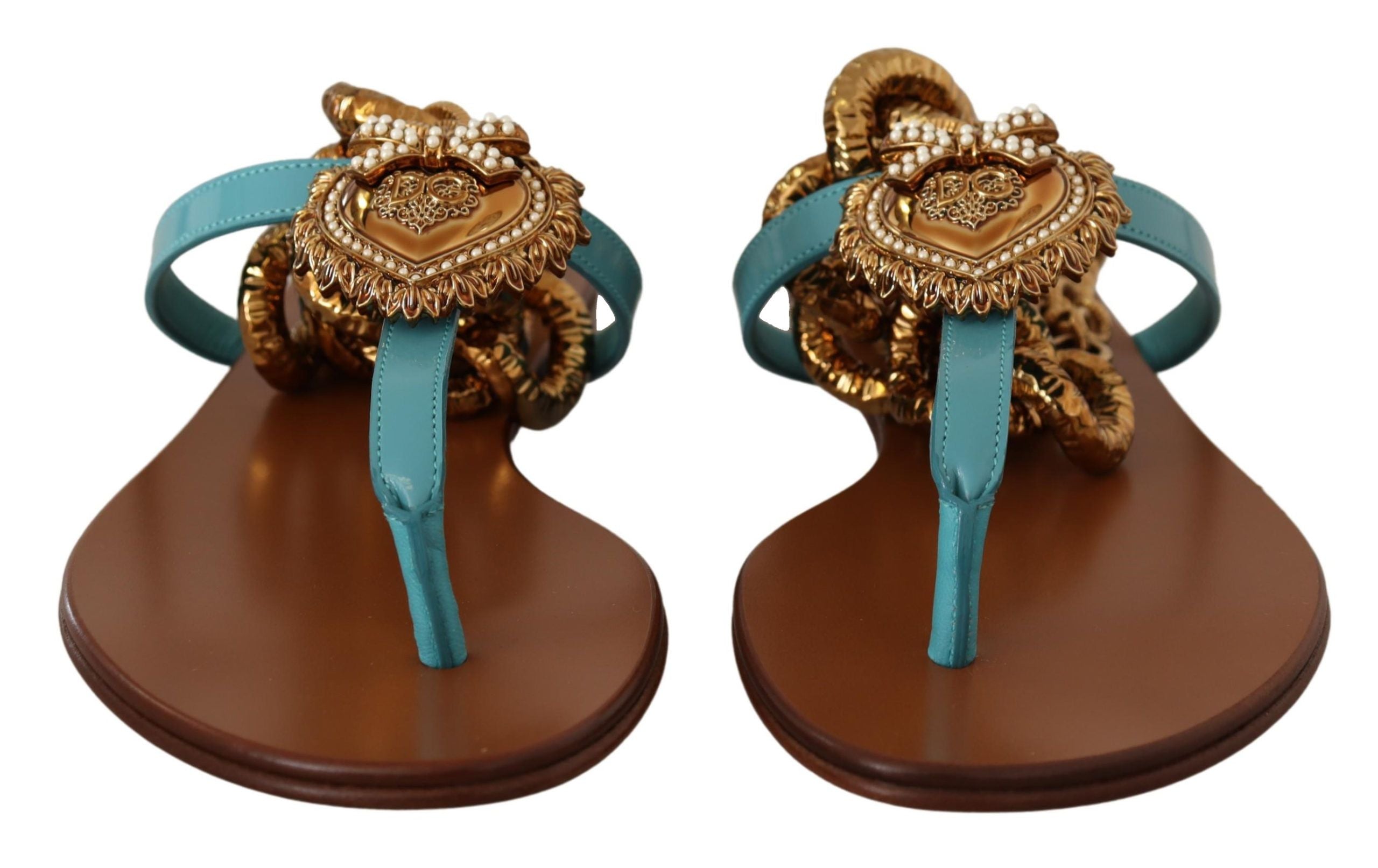 Dolce & Gabbana Blue Leather Devotion Flats Women's Sandals