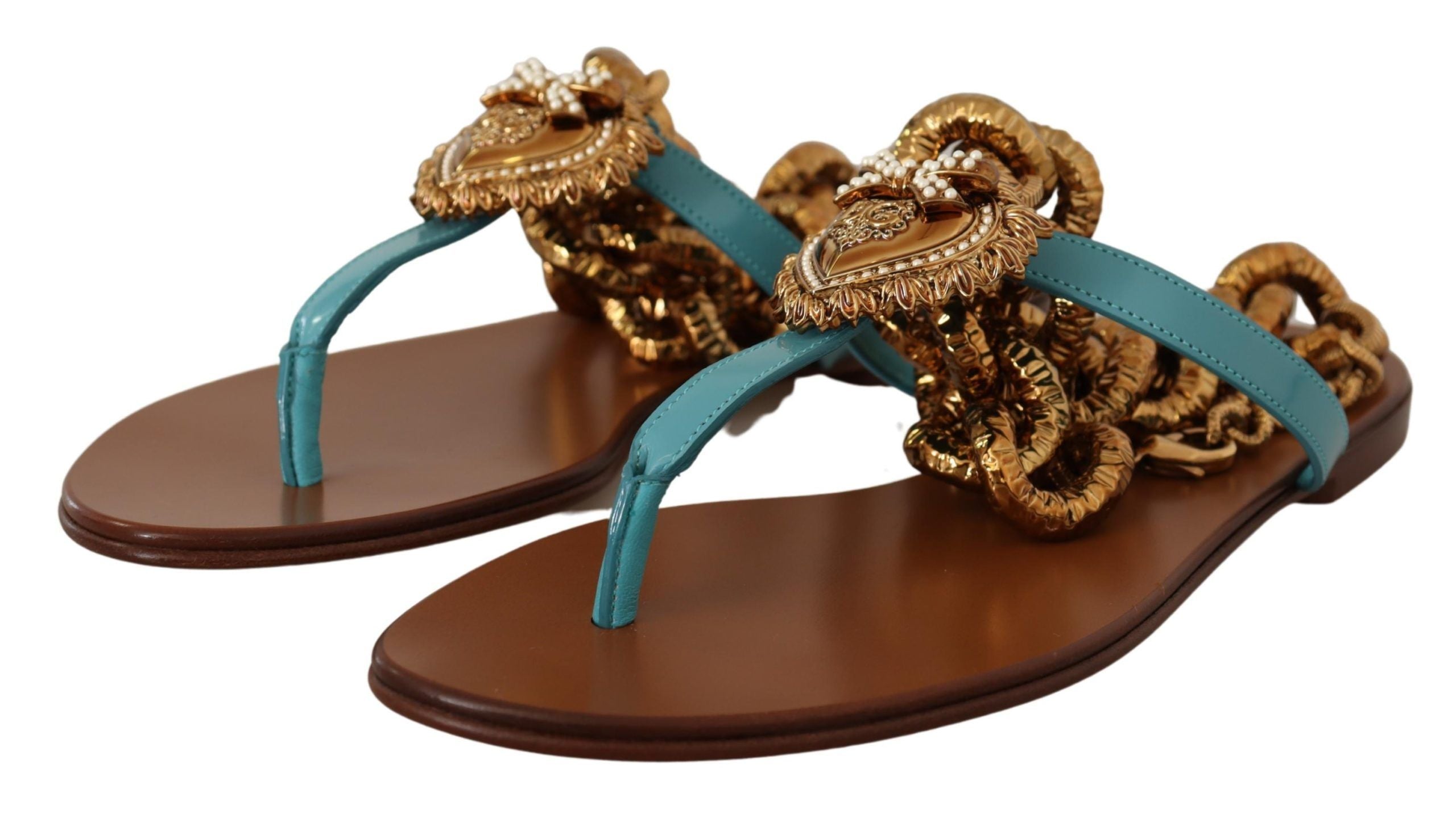 Dolce & Gabbana Blue Leather Devotion Flats Women's Sandals