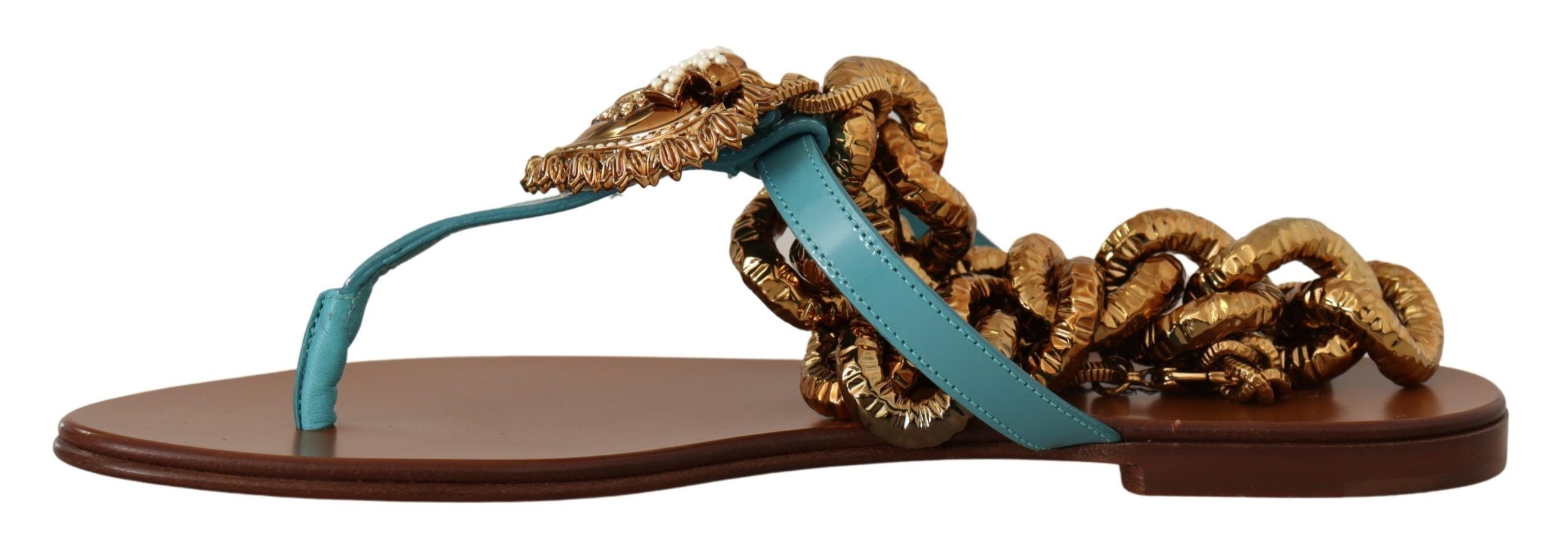 Dolce & Gabbana Blue Leather Devotion Flats Women's Sandals